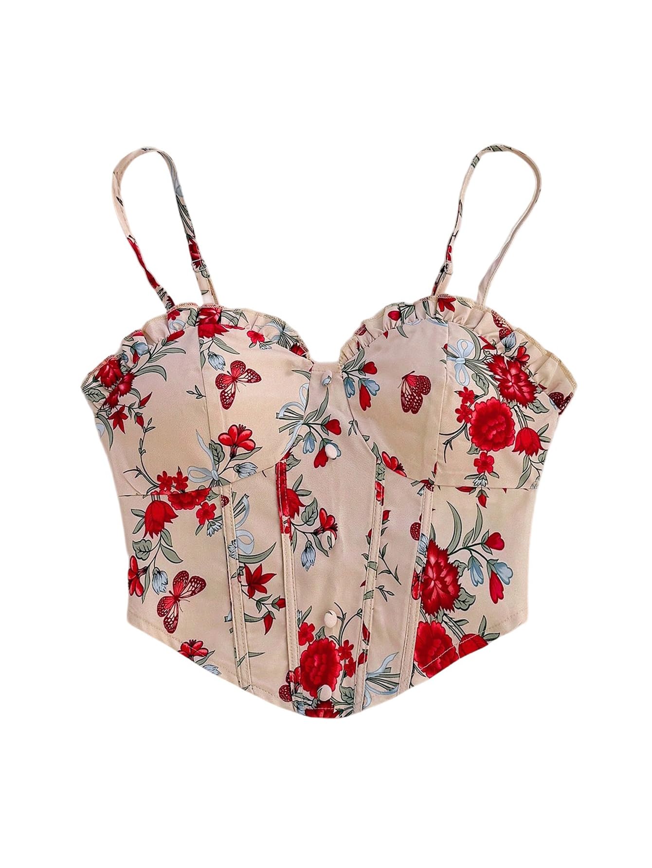 MakeMeChic Womens Floral Bustier Corset Top Spaghetti Strap Shirred Summer Boho Shirt Camisole