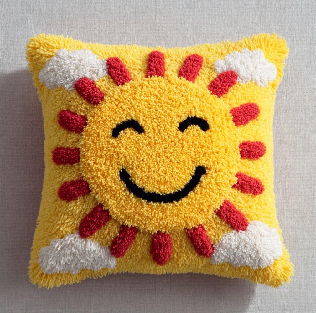 Henypt Latch Hook Pillow Making Kit 43x43cm,The Smiling Sun Printed Canvas Needlework Set,Relaxing Handmade Craft for Home Bedroom Decoration