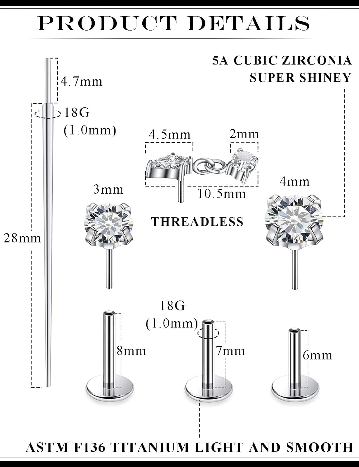 20G 18G 16G Astm F136 Titanium Threadless Flat Back Earrings Nose Studs Tragus Forward Helix Conch Cartilage Lobe Earrings Stud Medusa Labret Monroe Lip Ring Piercing Jewelry For Women Men - Image 2