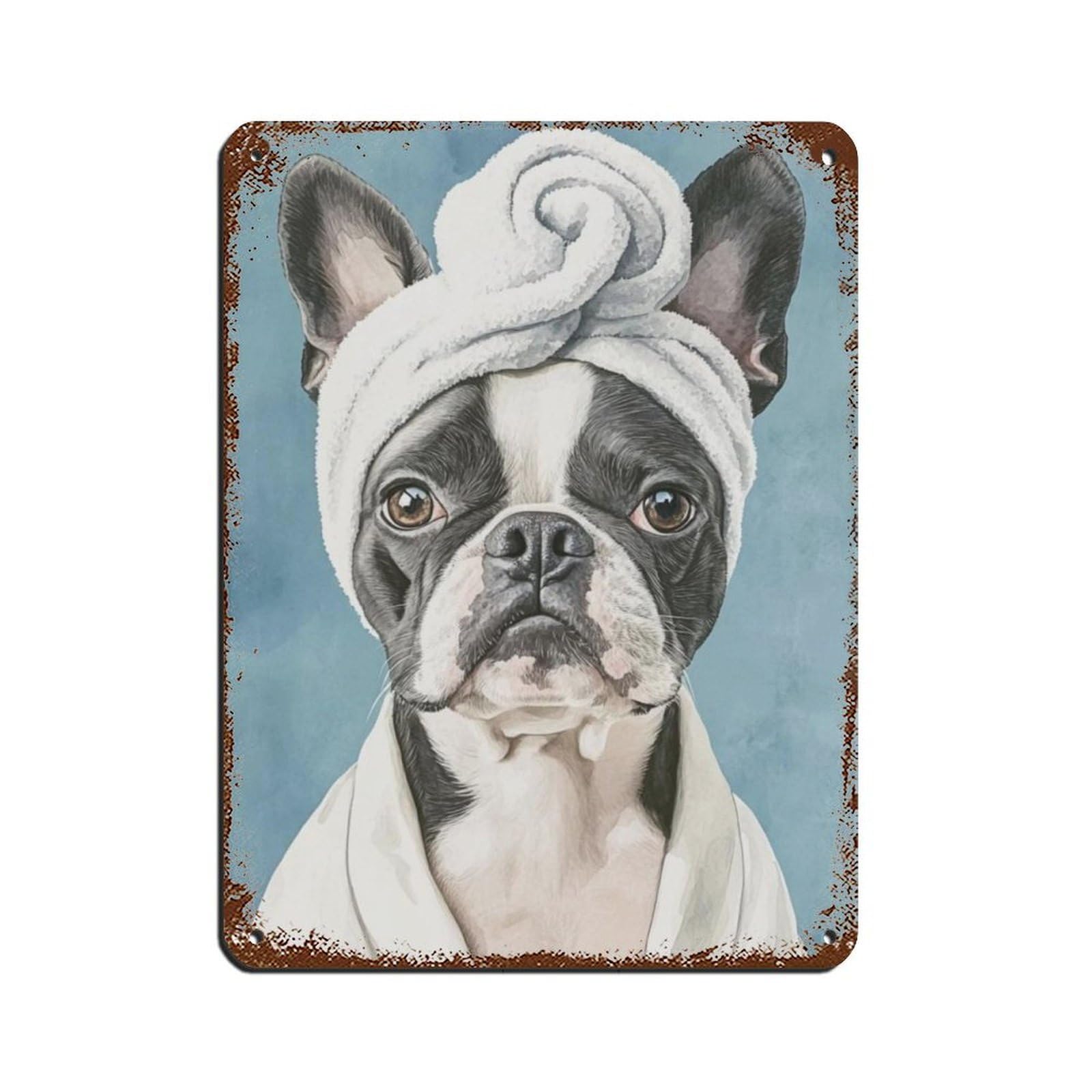 Bathroom Spa Art, Boston Terrier Dog Tin Sign Vintage Metal Pub Club Cafe Bar Home Wall Art Decoration Poster Retro 12x16inch(30x40cm)