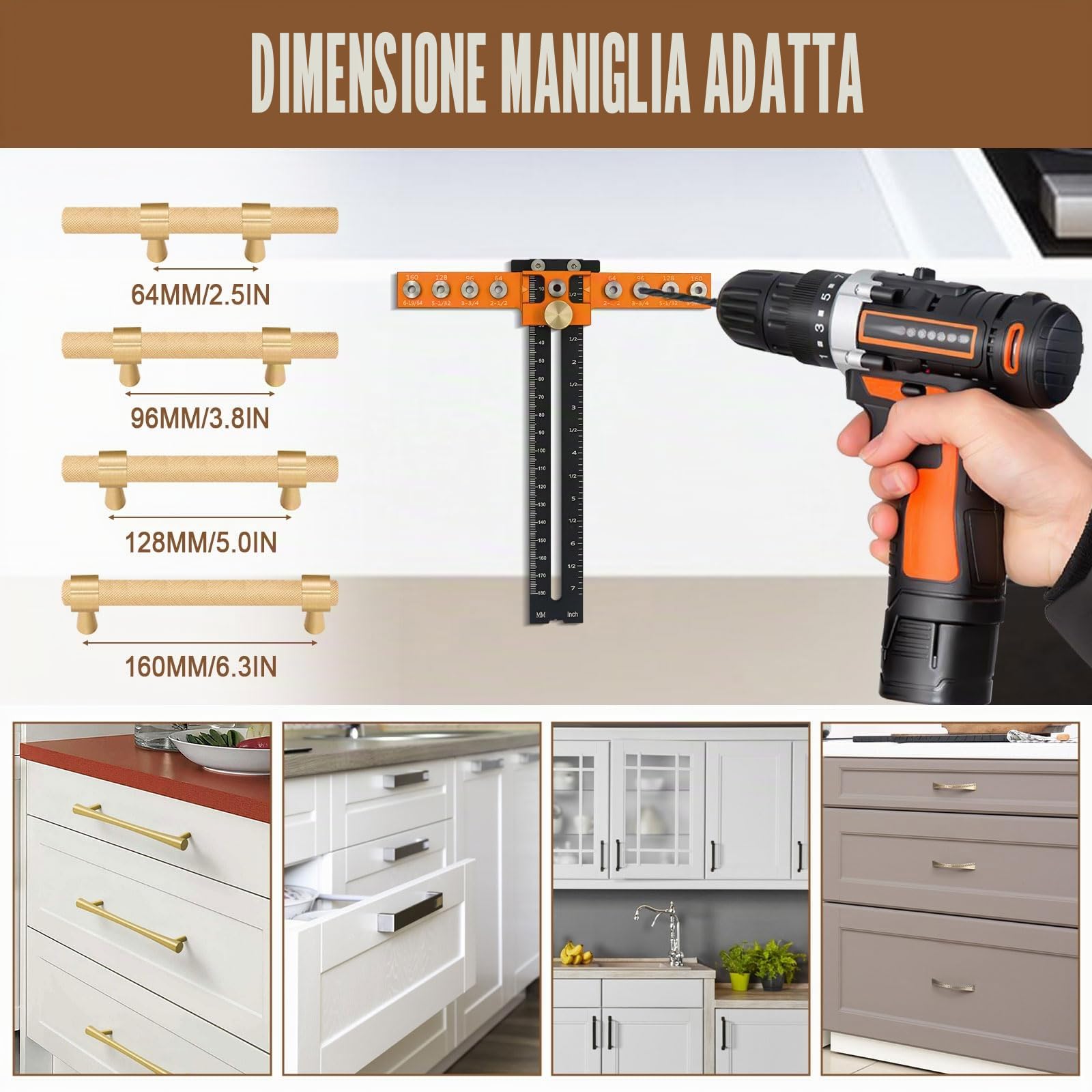 Jig per Ferramenta di Armadio, Modello di Altezza Regolabile in Lega di Alluminio con Guida per Trapano per Maniglie e Pomelli con Distanza dei Fori da 64/96/128/160 mm per Fori di Perforazione da 4