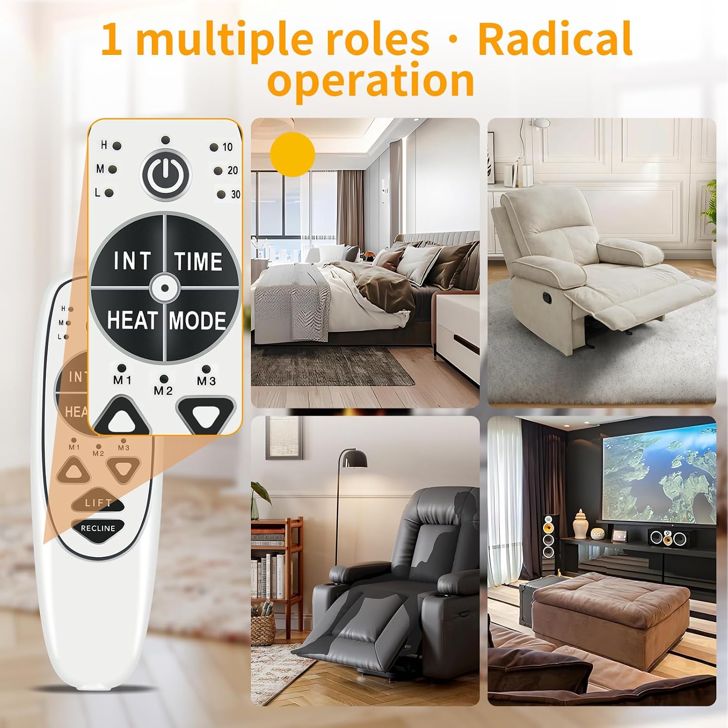 New 5 Pin Female Plug DN-34A 9 Button Recliner Remote Controller for Heat Vibration & Up/Down, 3 Vibration Mode & 3 Massage Time Option with 1 USB Charging Port Circuit Board Inside Code DN-34A