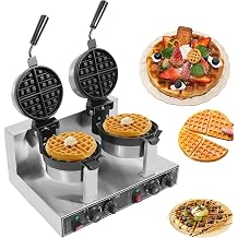 Commercial Waffle Maker, 2400W Stainless Steel Rotating Double Head Waffle Iron Maker Non-Stick Round Belgian Waffle Cake Baker Pan Waring Breakfast Maker for Bakery, Restaurant, Snack Bar