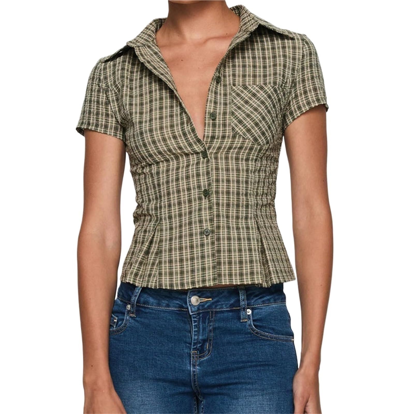1 Pièces Femmes Manches Courtes À Carreaux Chemise Boutonnée Chemisiers Boutonnés Hauts Décontracté D'été pour Les Voyages,Le Bureau