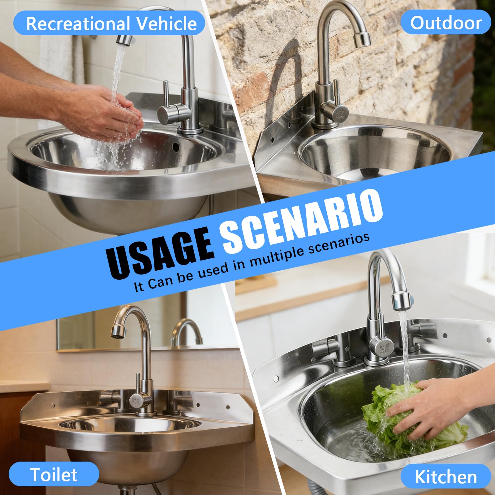 Lavabo Esquinero, Lavabos de Montaje en pared Lavabo Triangular Pequeño De Acero Inoxidable 260 Mm Montaje En Pared Juego, Con Grifo Desagüe Y Mangueras, Para Autocaravana Camper Barco Baño WC Garaje