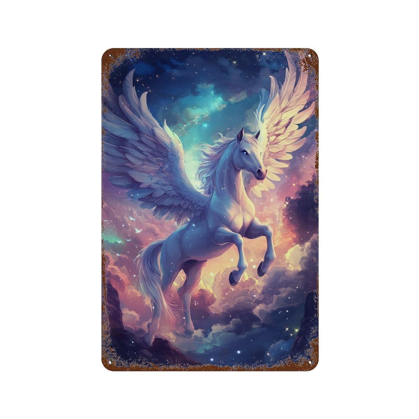 Decorative Tin Sign with Pegasus in Cosmic Sky Design 11.8"x7.9", for Basement, Hobby Room And Garage Decor, Farmhouse Wall Decor