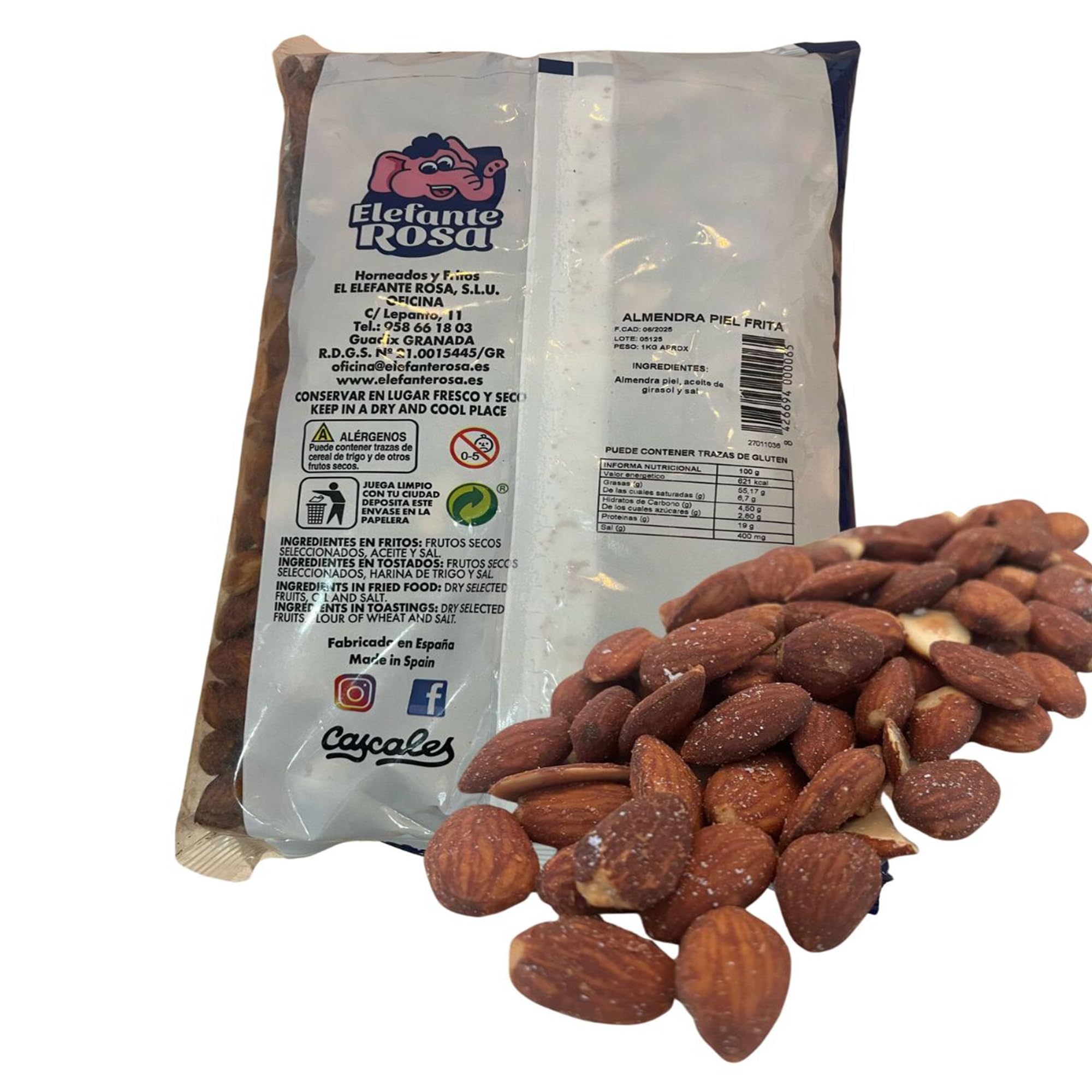 Almendras Tostadas con Piel y Sal Marina – Bolsa 1 Kg de Almendras Fritas El Elefante Rosa – Snack Saludable y Crujiente de Almendras con Sal y Frutos Secos Premium