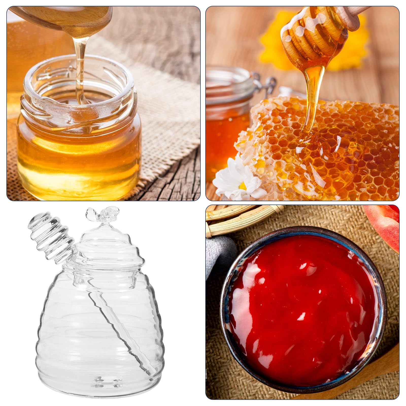 Tarro de Miel Cucharón Integrado y Tapa de Vidrio Transparente para Cocina en Casa, Frasco de Colmena Fácil de Usar Palillo para Mezclar Miel Reutilizable