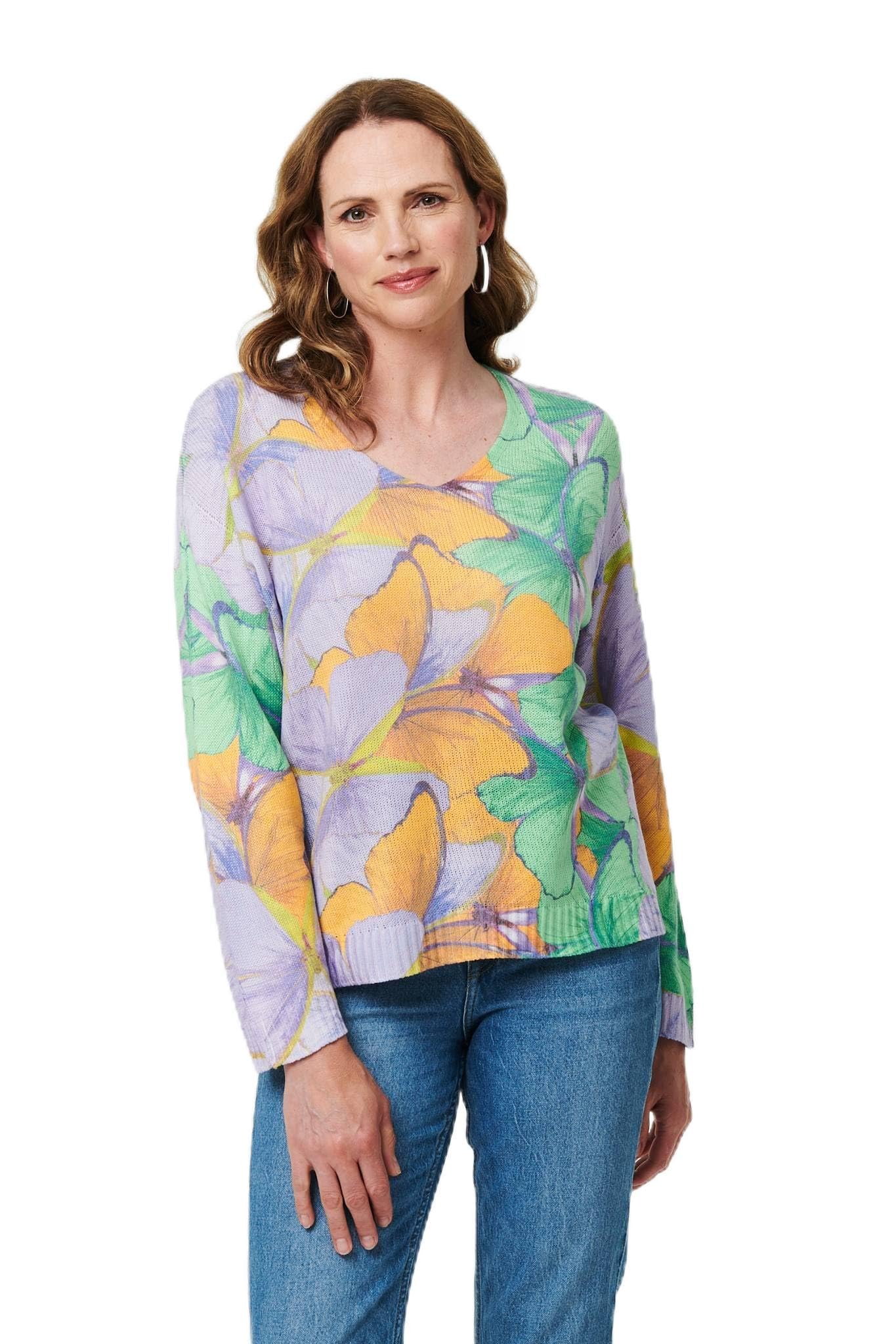 Izabel London Women's Purple Butterfly Print Long Sleeve Relaxed Top In Size 10