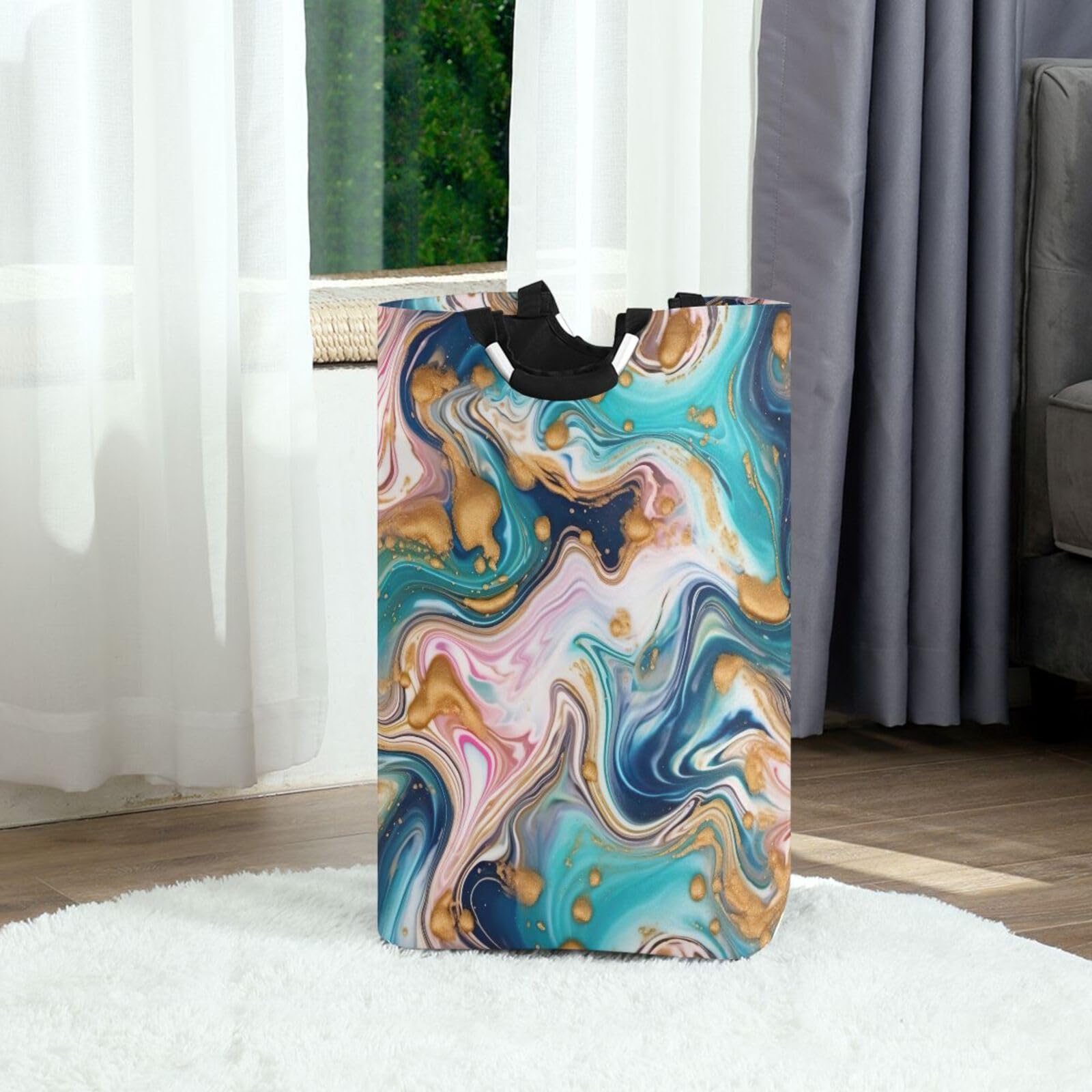 Jihqo Laundry Hamper Basket Abstract Marble Blue Collapsible Nursery Storage Bin Waterproof Clothing Baskets for Home Bedroom Bathroom Washing Room