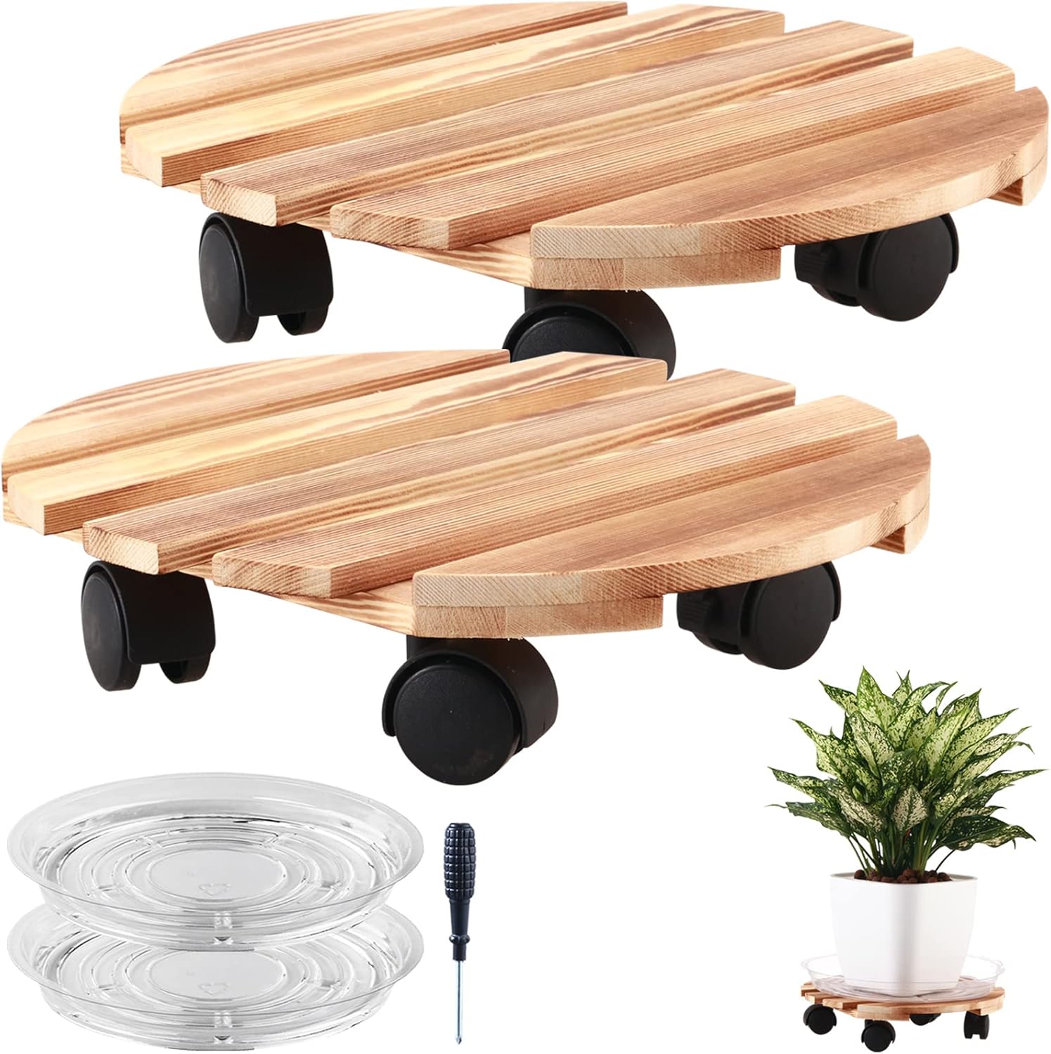 2 Packs Round Wooden Plant Caddy 12” Rolling Plant Stands