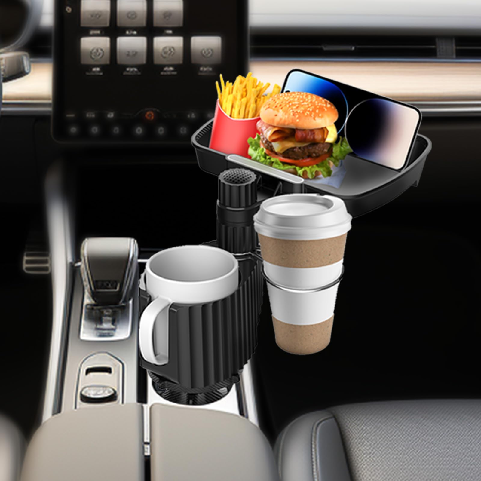 SUYUDSM Car Cup Holder Tray, 5 in 1 Cup Holder Expander 360° Rotating Car Food Tray, Dual Car Seat Cup Holders with Phone Slot Seat Road Trip Essentials