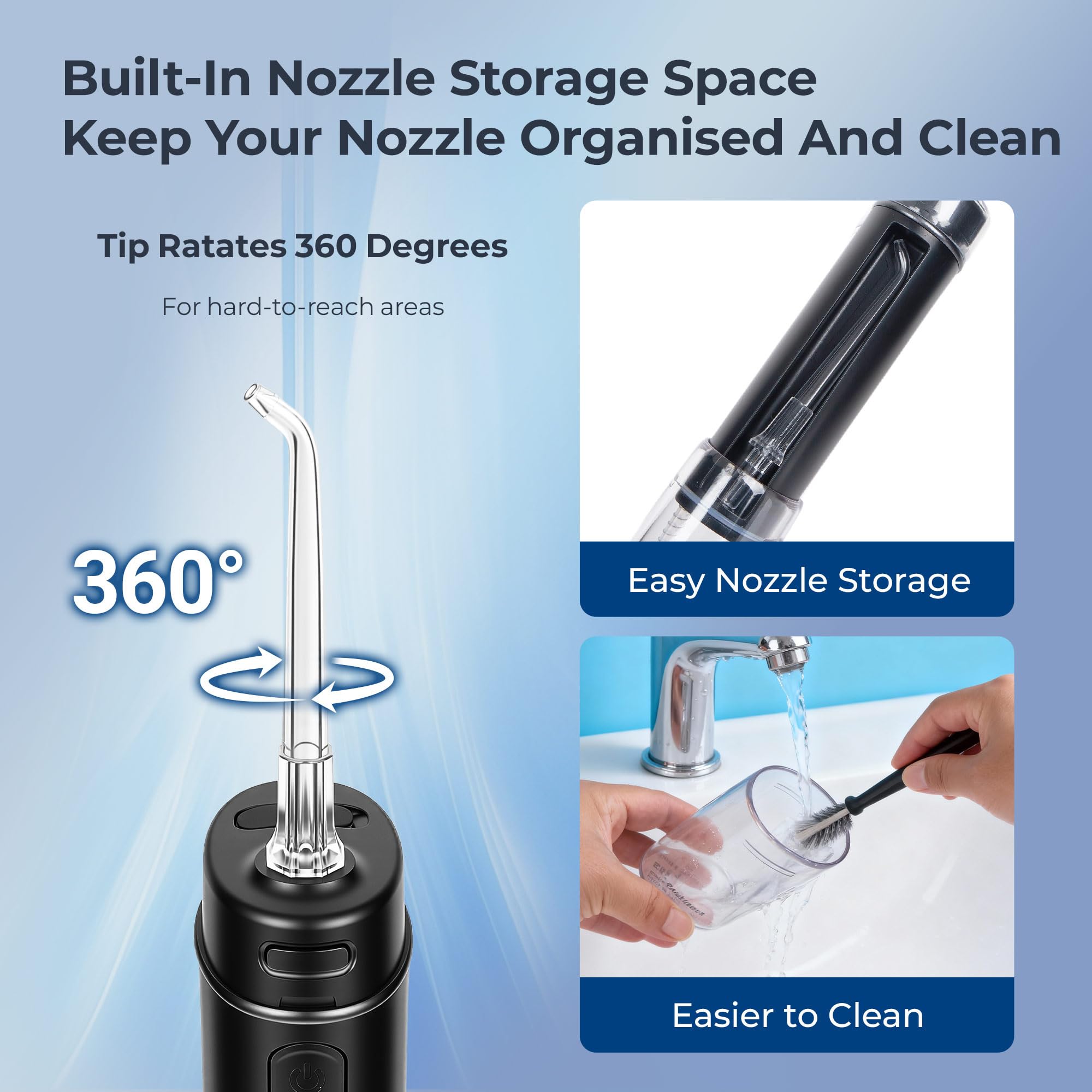 BarberBoss Idropulsore portatile, irrigatore orale senza fili da viaggio, 3 livelli di pressione, 6 punte, serbatoio dell'acqua telescopico IPX8, idropulsore ricaricabile USB-C, QR-7112 (Nero)