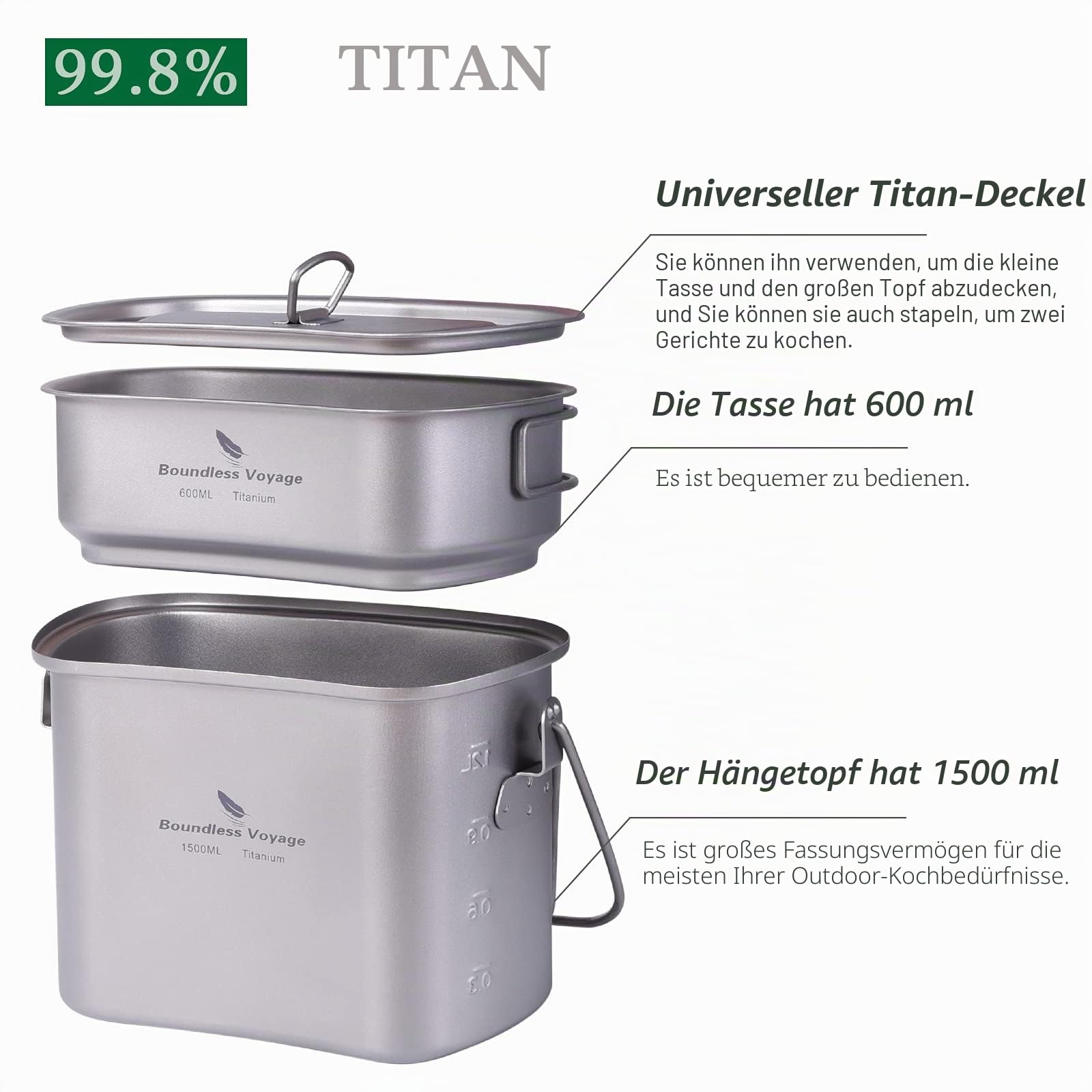 Boundless Voyage Titan-Kantinenbecher-Mess-Set Nierenförmiges Camping-Titan-Kochset zum Aufhängen mit Deckel und Griffen Ti2059C