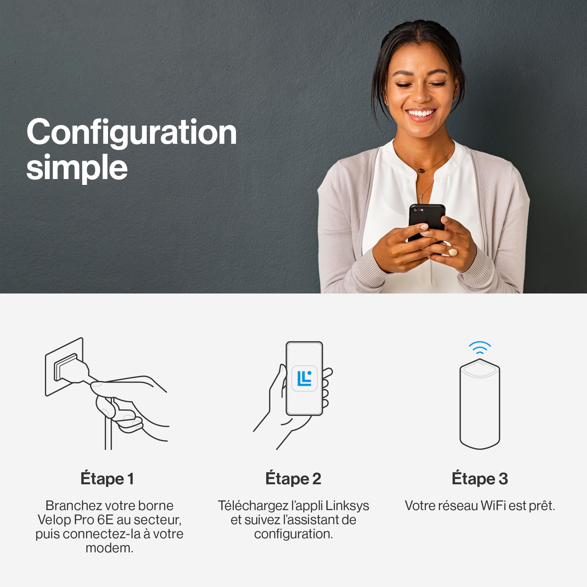 Linksys Système WiFi 6E Mesh Linksys Velop Pro MX6202-KE – Routeur Cognitive Mesh 6 GHz et 5,4 Gbit/s – Couverture Multiroom jusqu’à 550 m² et 400 appareils – Lot de 2