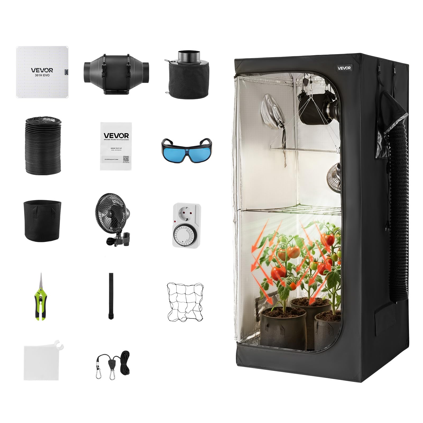 VEVOR Growzelt 80x80x180 cm Indoor-Pflanzenzelt mit Vollspektrum-LED-Zuchtlicht & Belüftungssystem 600D Mylar
