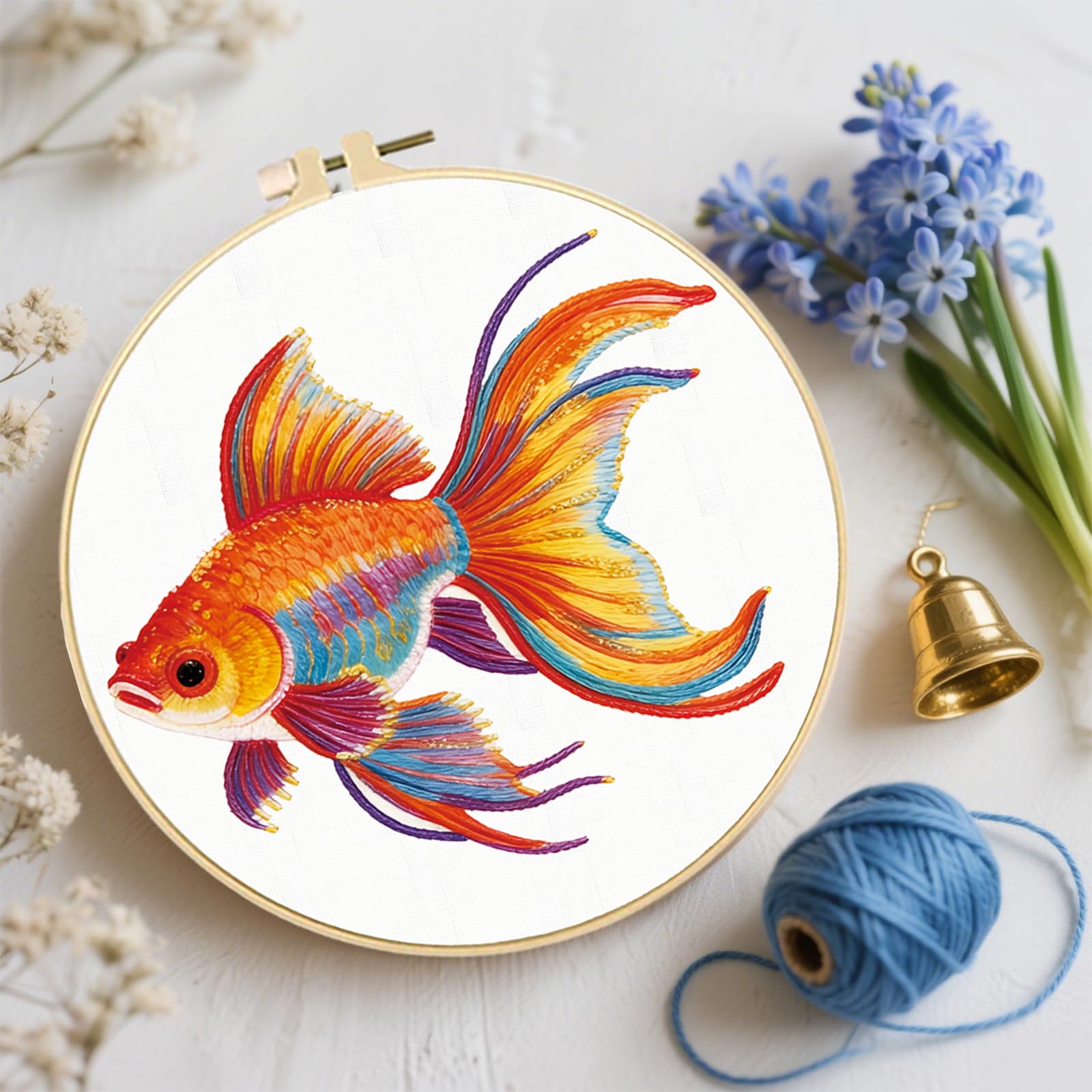 FREEBLOSS 4 Stickset Für Anfänger Stickset Mit Vorgedrucktem Koi Fisch Muster Anleitung Farbige Fäden 2 Creolen 7.87"/20cm