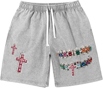 Cross Vintage Shorts Y2k Graphic Retro Streetwear Shorts Mens Print Acid Wash Drawstring Hip Hop Distressed Jorts