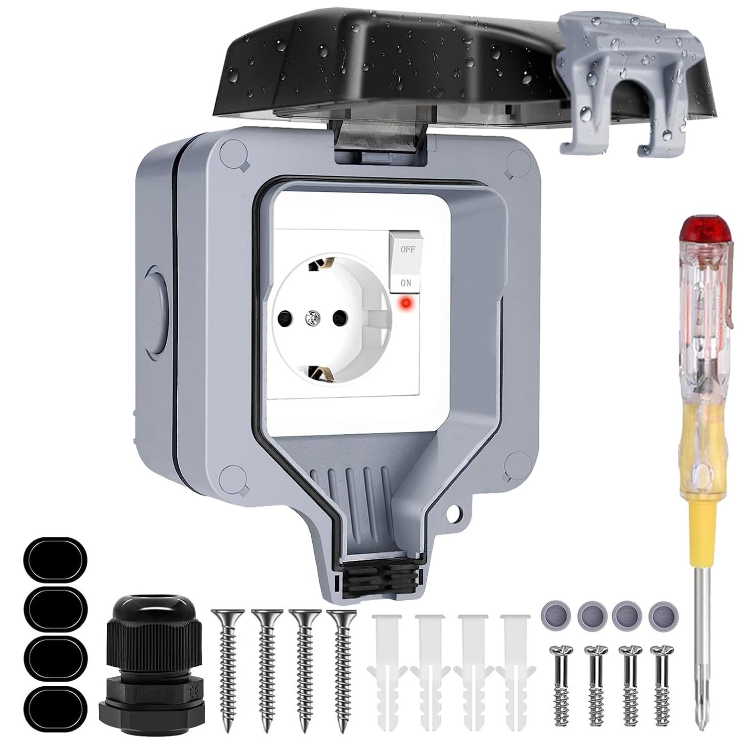 Enchufe Estanco IP66, 3680W Enchufe Exterior Impermeable con Interruptor, 16A Pared Toma de Corriente de Cable y Tapa Abatible, Estancos Exterior Enchufes para Jardín, Piscina, Cocina, Baño y Garaje