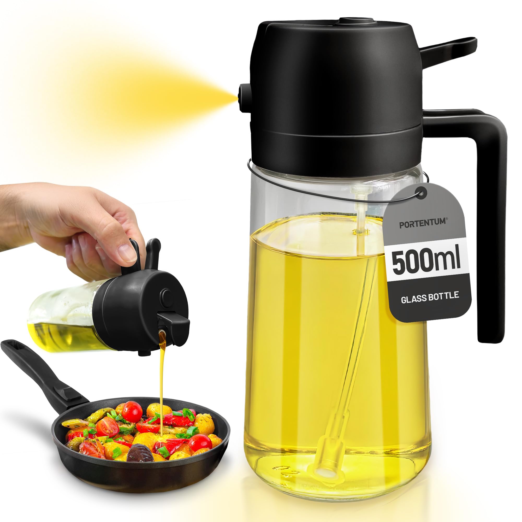 PORTENTUM Spruzzino Olio per Friggitrice Aria 500ml 2 in 1, Dosatore Bottiglia e Oliera Spruzzino olio, Accessori friggitrice ad aria nebulizzatore per Alimenti e Spruzzatore (Nero)