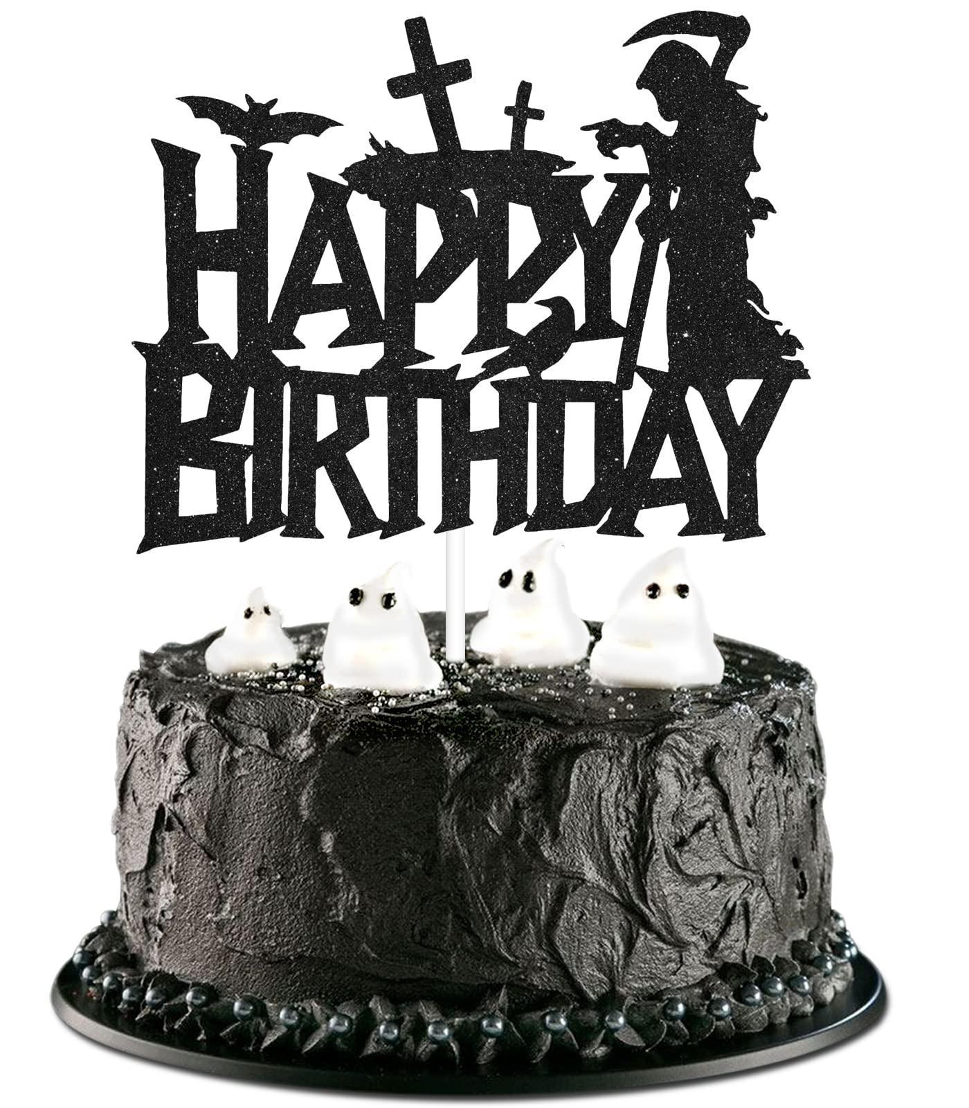 Spooky Halloween Death Happy Birthday Cake Topper - Happy Halloween Black Glitter Cake Topper For Kids - Happy Halloween Holidays Party Decoration For Boys