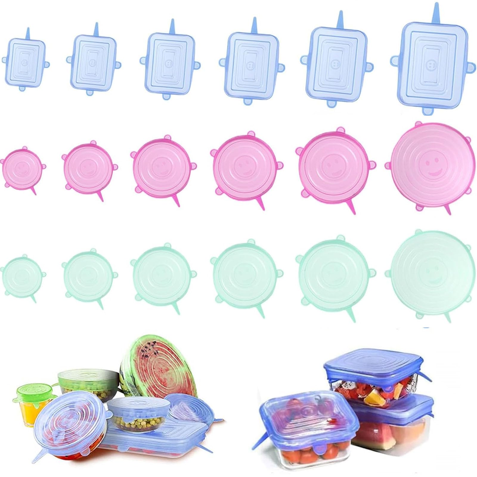 Dxdl Green, Pink, Blue 18 Pcs Silicone Lids Food Covers, 6 Sizes Silicone Stretch Lids, Rectangular + Round Reusable Food Covers, Fit Various Sizes And Shapes Bowl Cover, Keep Food Fresh Stretchy Lid For Dishes Jars Bowls