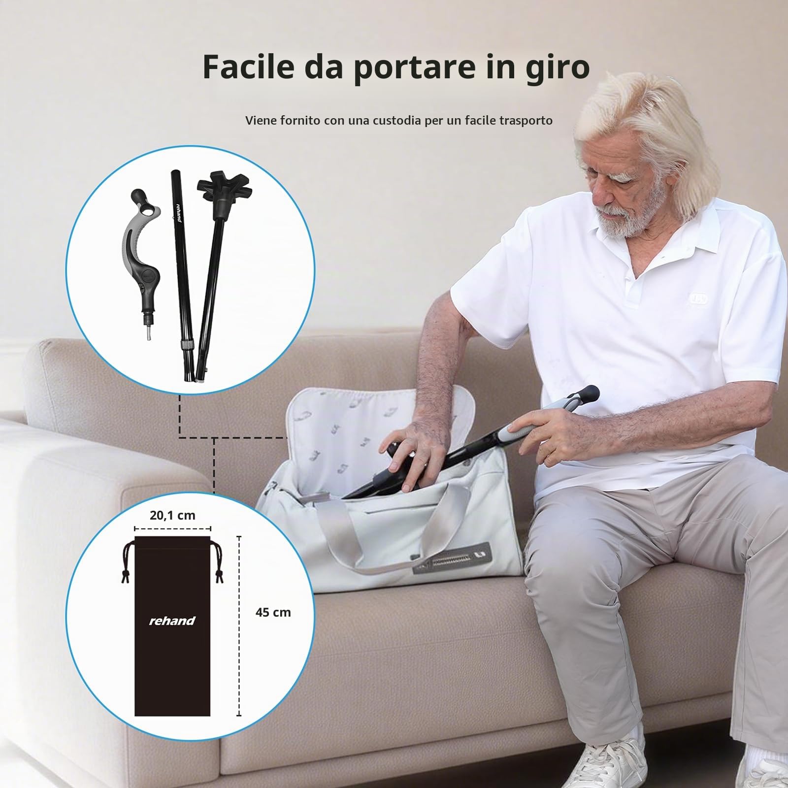 REHAND Bastone da Passeggio Regolabile per Anziani e Adulti – Impugnatura Ergonomica Antiscivolo, 10 Livelli di Regolazione dell’Altezza (101–124 cm), Portata fino a 159 kg