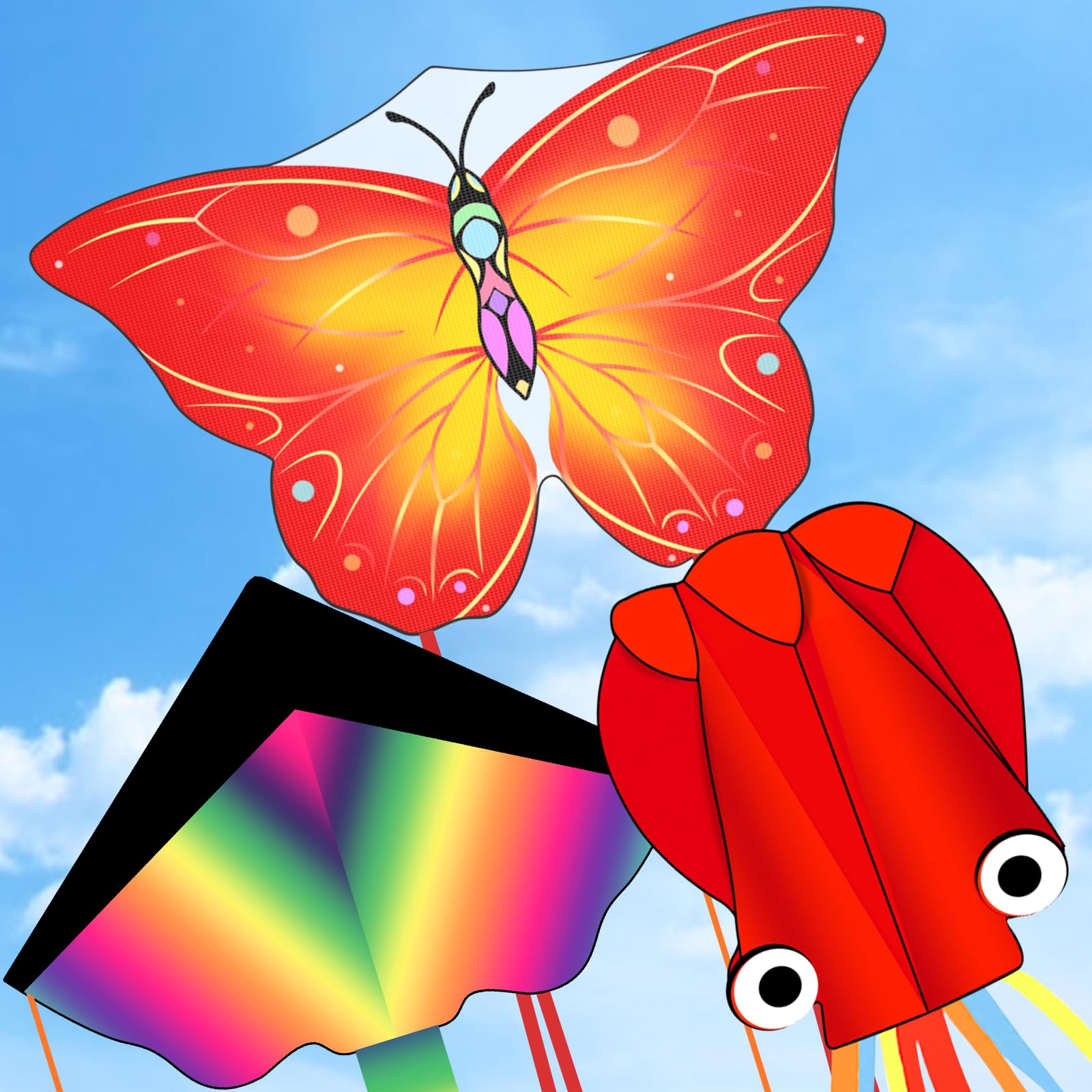 3 Pack Large Kites, Large Butterfly Kite, Colorful Delta and Red Octopus for Girls Boys Ages 4-8, 8-12, Adults