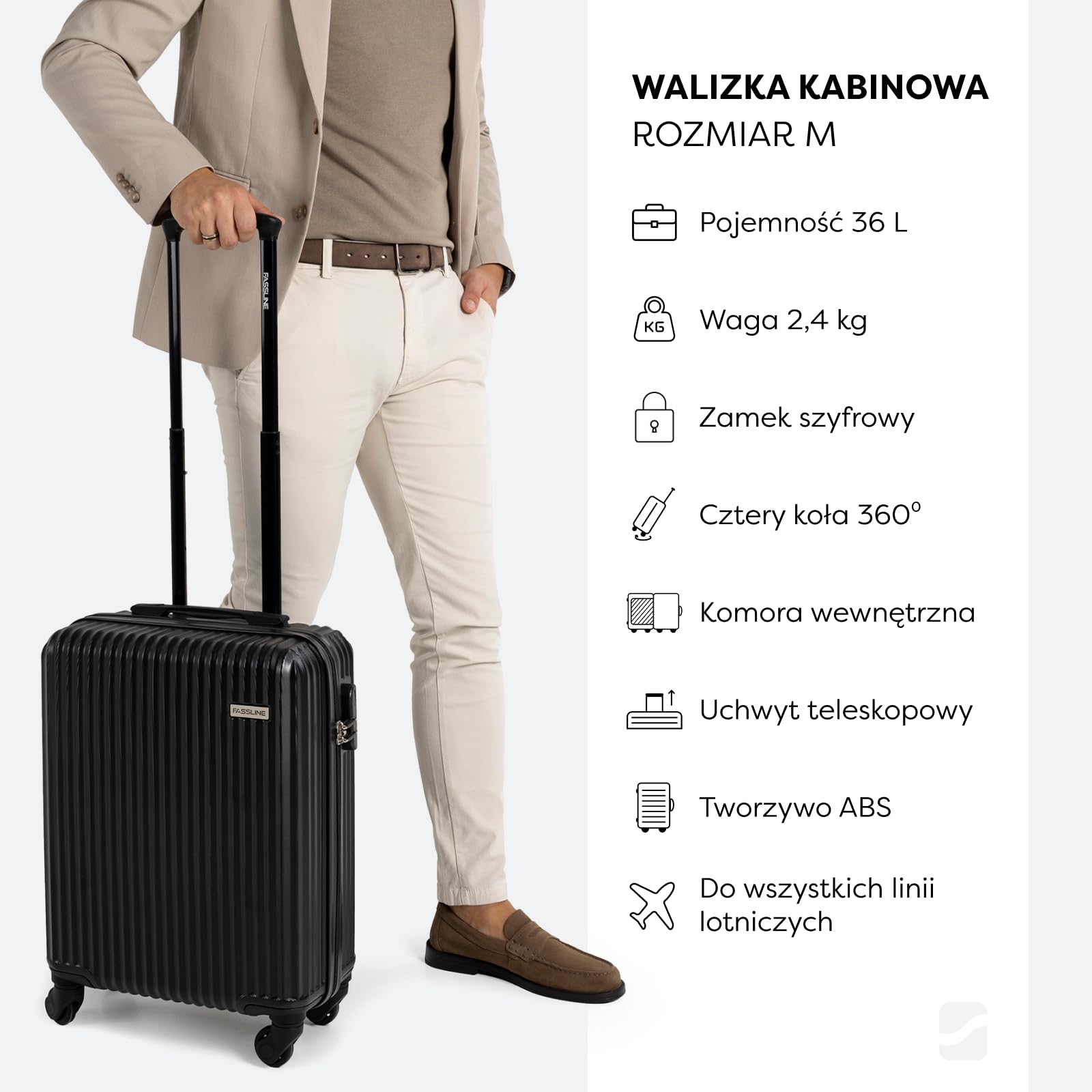 Walizka kabinowa czarna, Bagaż kabinowy 55x39x20cm, 36 L, Materiał ABS, Zamek szyfrowy, Walizka podróżna, Bagaż podręczny na 4 kółkach, Elastyczna rączka, Mała walizka kabinowa twarda