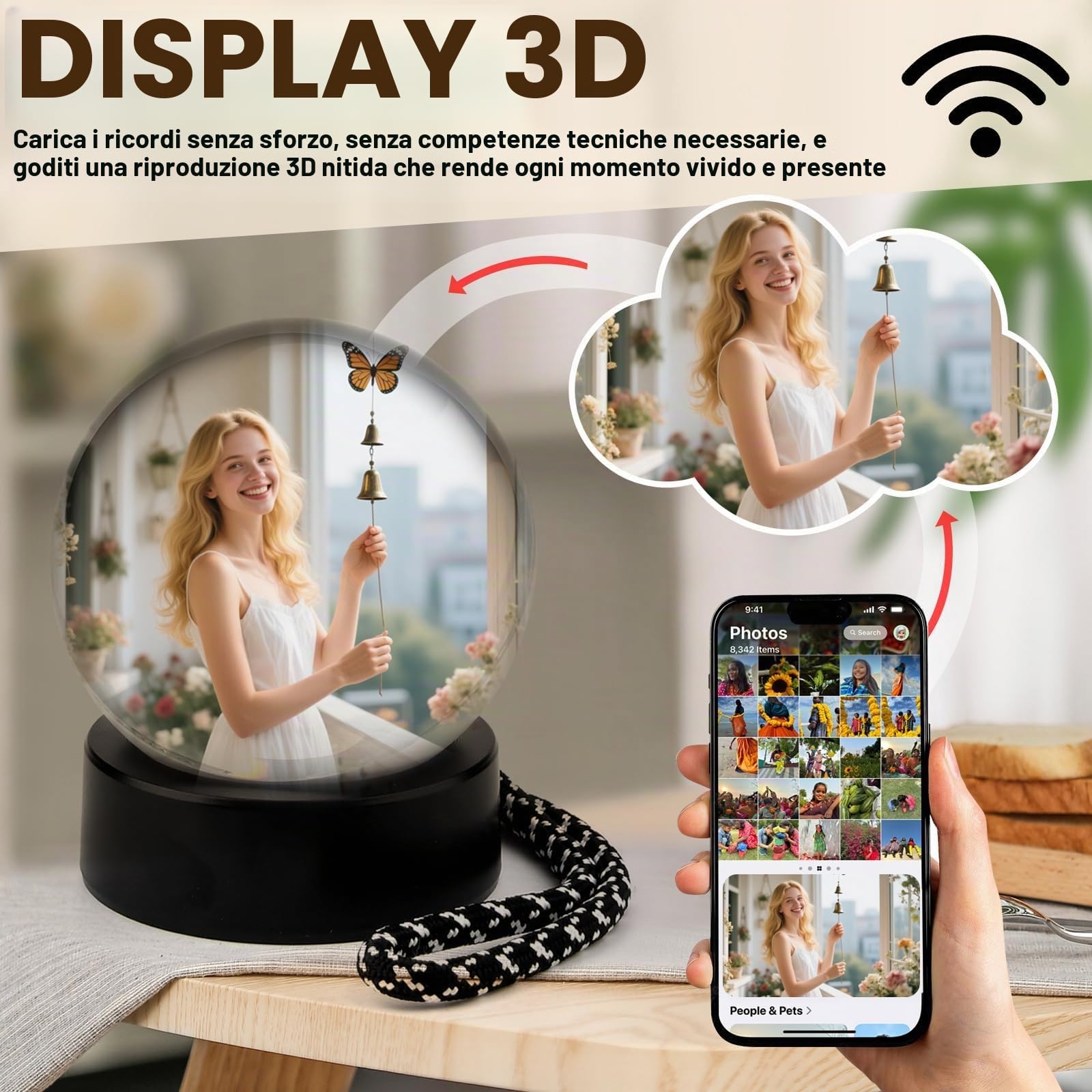 Lettore Video Crystal Ball con Wi-Fi, Sfera di Memoria 3D, per Foto e Video Personalizzati, Gadget per Matrimoni, Compleanni, Anniversari e Occasioni Speciali (A)