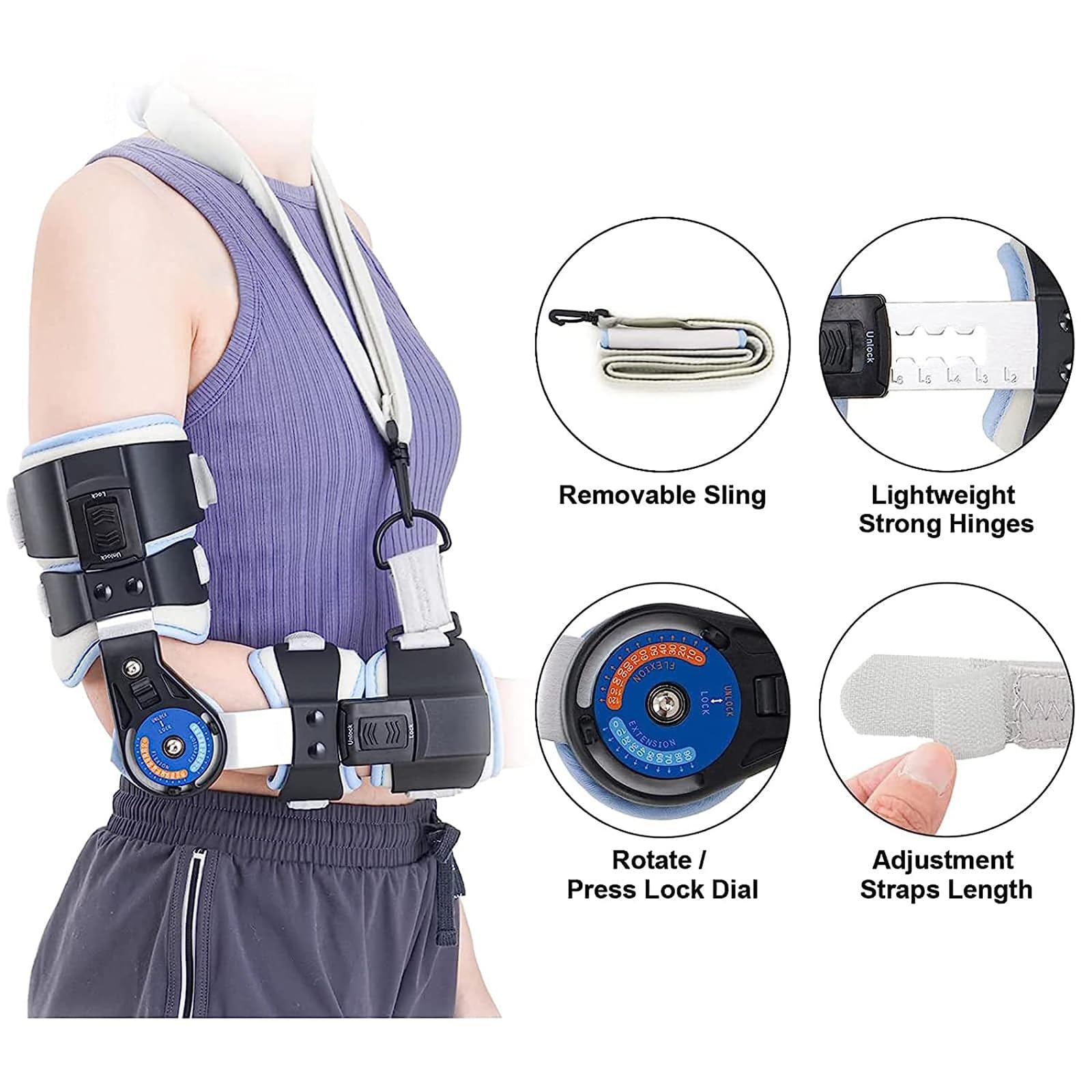 JOSBY Tutore per Gomito incernierato Regolabile per Braccio, tutore per Gomito Post operatorio con stabilizzatore dell'imbracatura per la Spalla, quadrante e Lunghezza di bloccaggio Regolabili