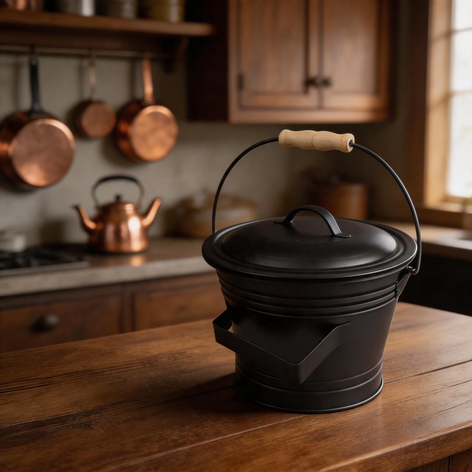 Secchio per cenere in ferro zincato con manico in legno, cestino rotondo ignifugo per carbone con coperchio e strumenti per casa, giardino, cucina all'aperto, nero