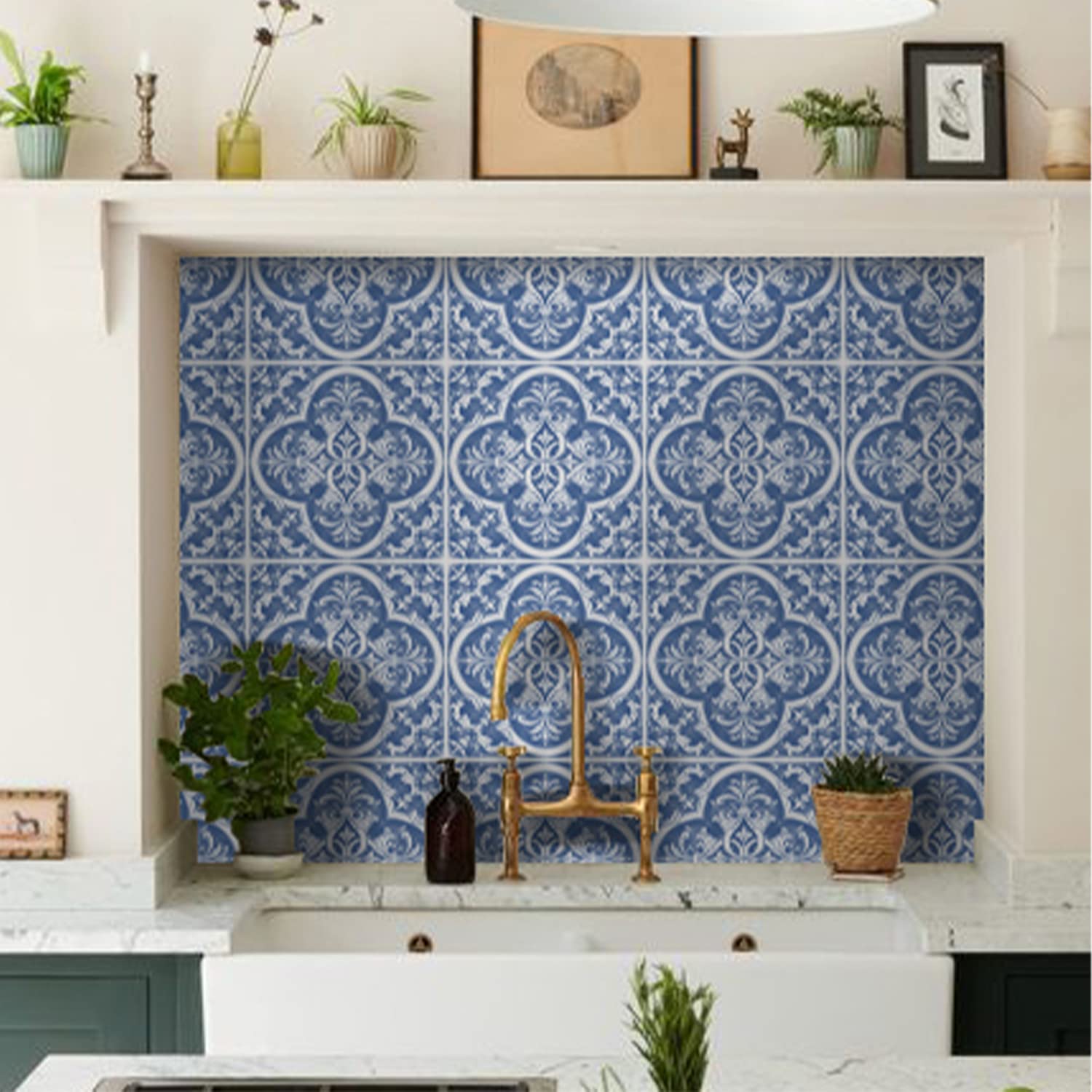 Alwayspon 25Pcs Tile Sticker, Blue Moroccan Self Adhesive Stick on Tiles Transfer Sticker for Bathroom Kitchen, Splashback for Cooker, Peel and Stick Adhesive Vinyl Wall Tiles Sticker, 20cm/8inch