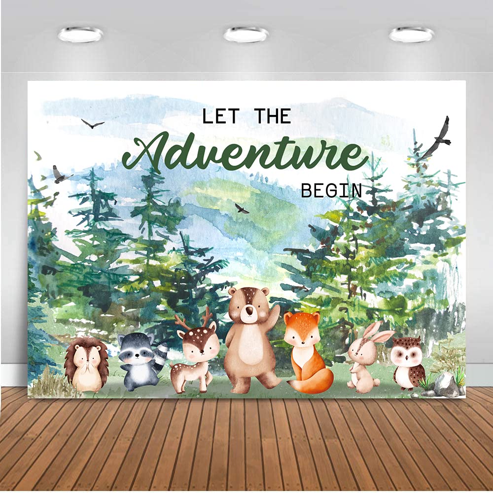 ANSHUHAI Adventure Awaits Baby Shower Backdrop Let The Adventure Begin Baby Shower Decorations Woodland Theme Birthday Party Decoration Rustic Forest