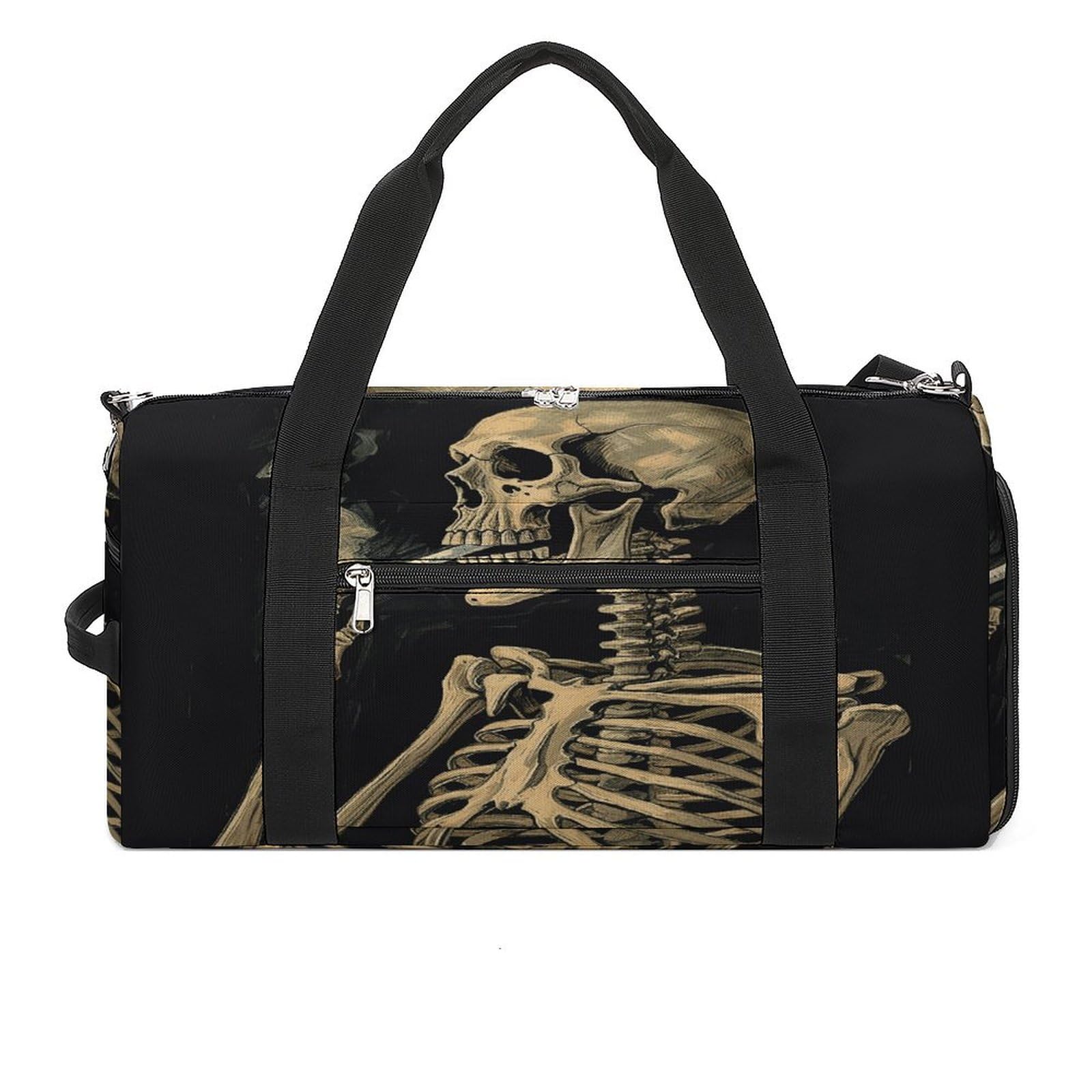 Fitness-Tasche, ein Skelett mit brennender Zigarette, Sporttasche, Reise-Fitness-Tasche, Essentials-Turnbeutel, Turnbeutel mit Schuhfach, Stil, Stil, Einheitsgröße, modern, Stil:,