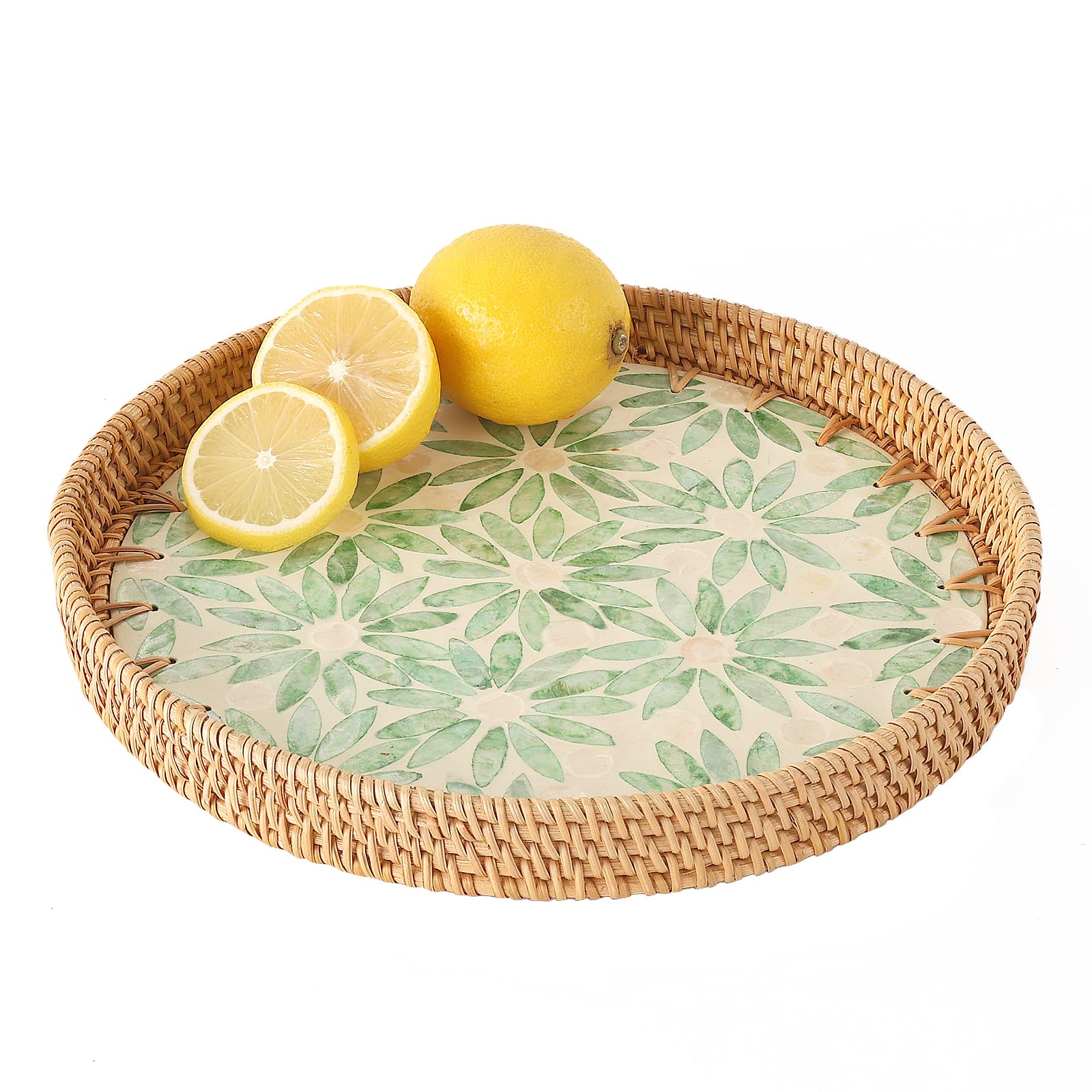 Rattan Tray with Mother of Pearl Inlay, Display Wicker Basket for Decor, Round Serving Tray for Bread Fruit Coffee Decoration and Daily Necessity (Bamboo Leaf, 11.8")