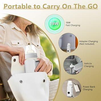 Portable Bottle Warmer for Travel Moclever USB Rechargeable Baby Milk Warmer, Battery-Powered Breastmilk Heater On The Go, 6 Adjustable Heating Levels, Digital Display, Fits Most Bottles