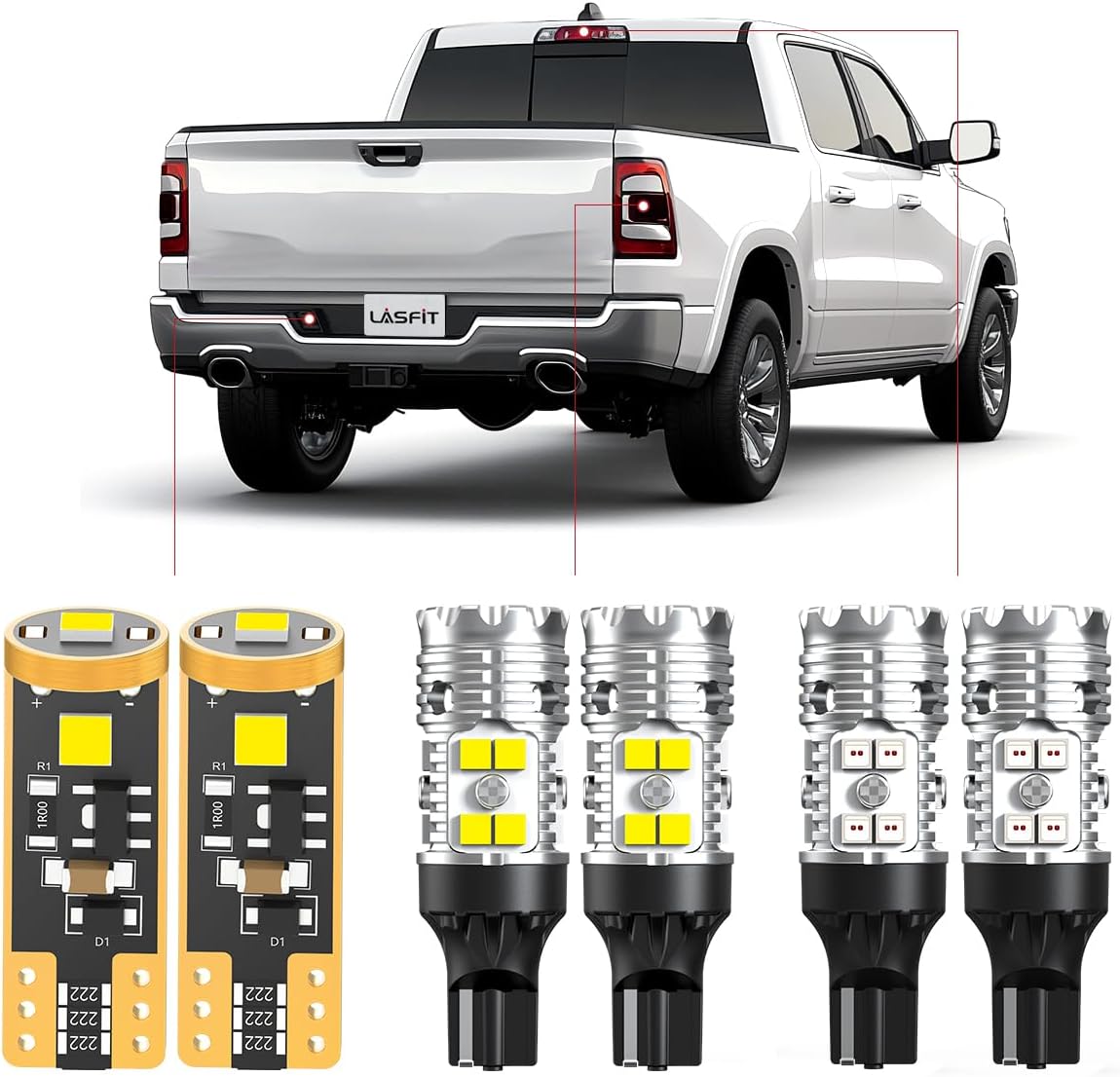 LASFIT 194 921 LED Bulb White Red Combo for Third Brake Light Reverse License Plate Dome Map Trunk Cargo Light, 6pcs