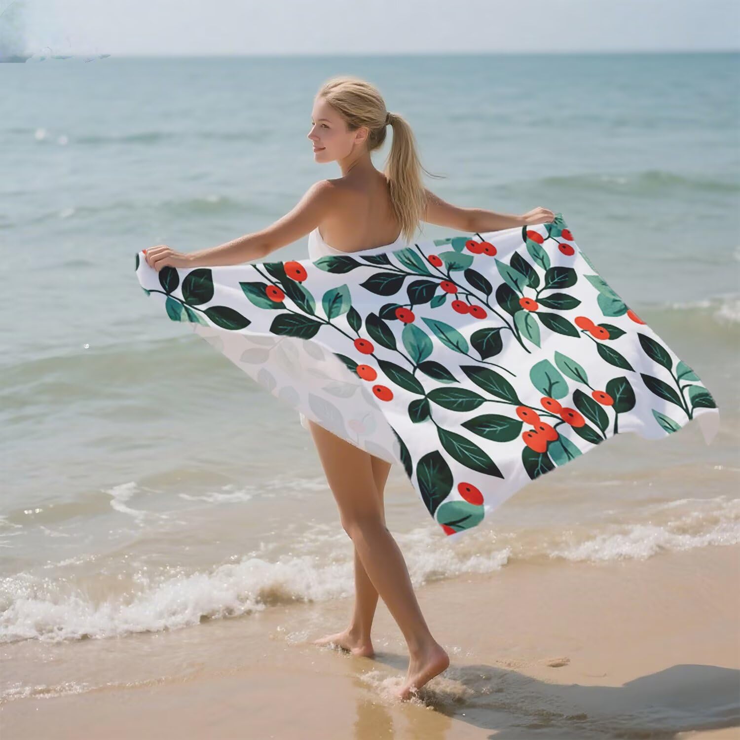 Toalla Playa Microfibra 150x200 Hoja Diseño Super Absorbente Sin Arena Toalla Playa, con Cuerda Elástica, Ligero, Hombre, Mujer Ideal Toallas de Baño, Aplicable Gimnasio,Viajes, Natación, Verde p-352