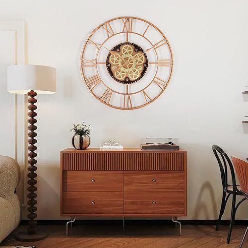 Miniatura 8 de Relojes de pared grandes de 24 pulgadas para decoración de sala de estar con engranajes en movimiento, reloj de pared grande industrial steampunk,