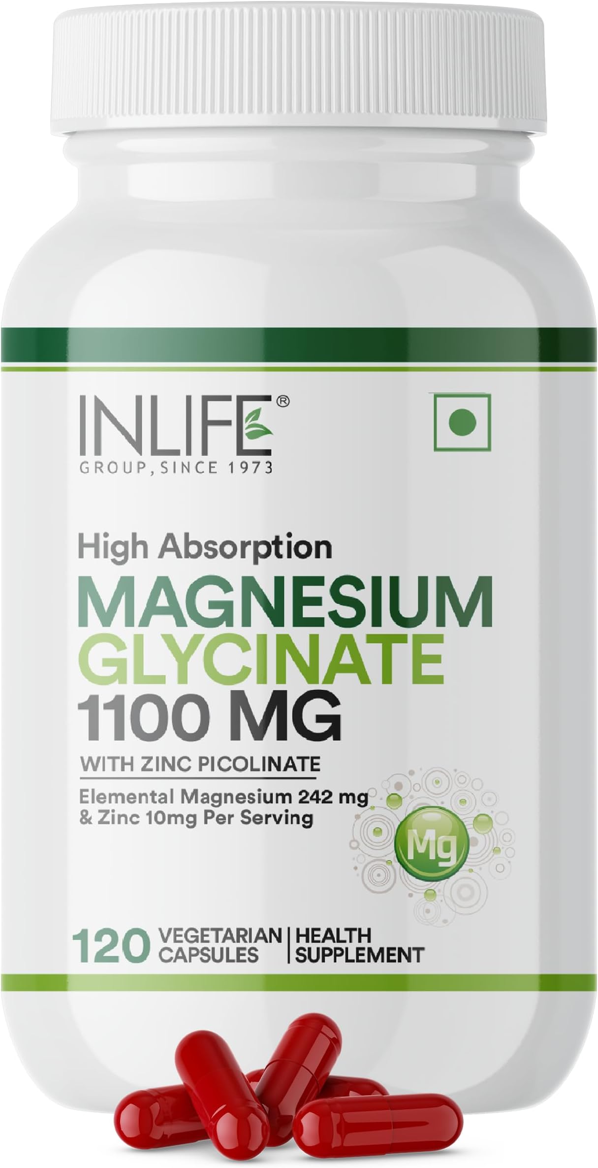 INLIFE Magnesium Glycinate Supplement 1100mg (Elemental Magnesium 242mg) with Zinc 10mg (as Zinc Picolinate) Per Serving, Relaxation & Healthy Muscle Function - 120 Vegetarian Capsules (Pack of 1)