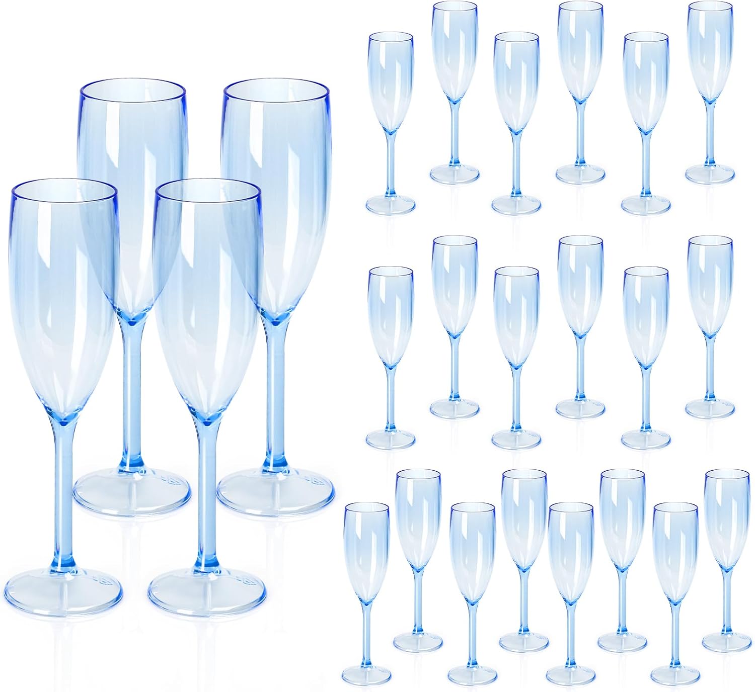 XUWAIDSGN 24 Pcs Champagne Flutes Plastic Wine Glasses Bulk Vintage Champagne Flutes Mimosa Bar Glasses Stemmed Drinking Cups 5.4OZ for Christmas Birthday Wedding Bride (24, Clear blue)
