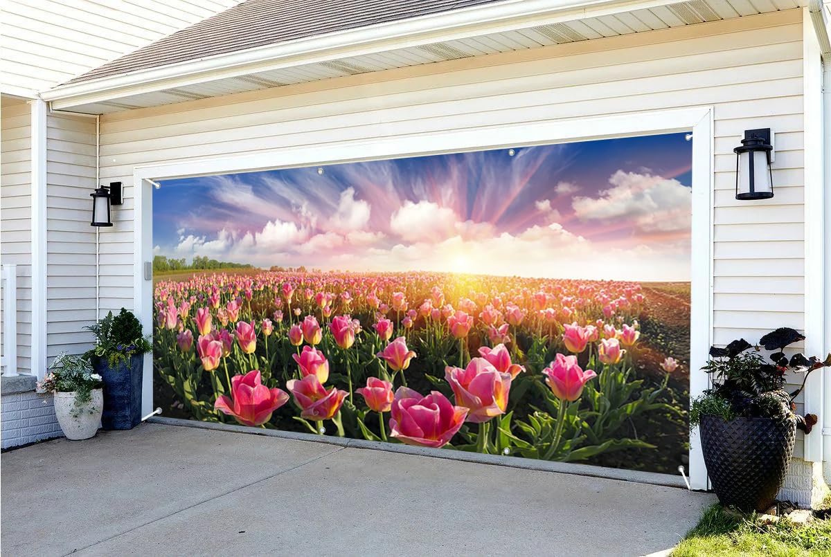6x13ft Spring Outdoor Scenery Garage Door Decor Beautiful Pink Tulip Flower Flowebed Field Golden Sunset Sunlight Garage Door Background Spectacular Natural Landscape Background