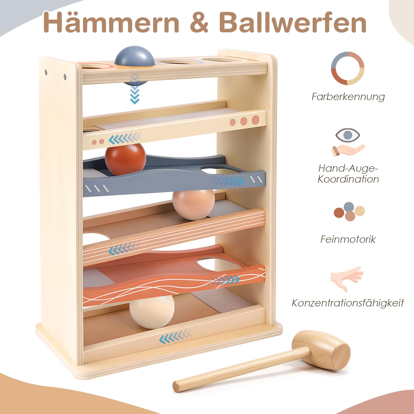 Vanplay Kugelbahn Holzspielzeug ab 1 Jahr, Hammerspiel 4 Bälle und EIN Holz Hammer, Montessori Spielzeug ab 1 Jahr Keine Installation erforderlich, Geschenk 1 2 3 4 Jahr Junge Mädchen