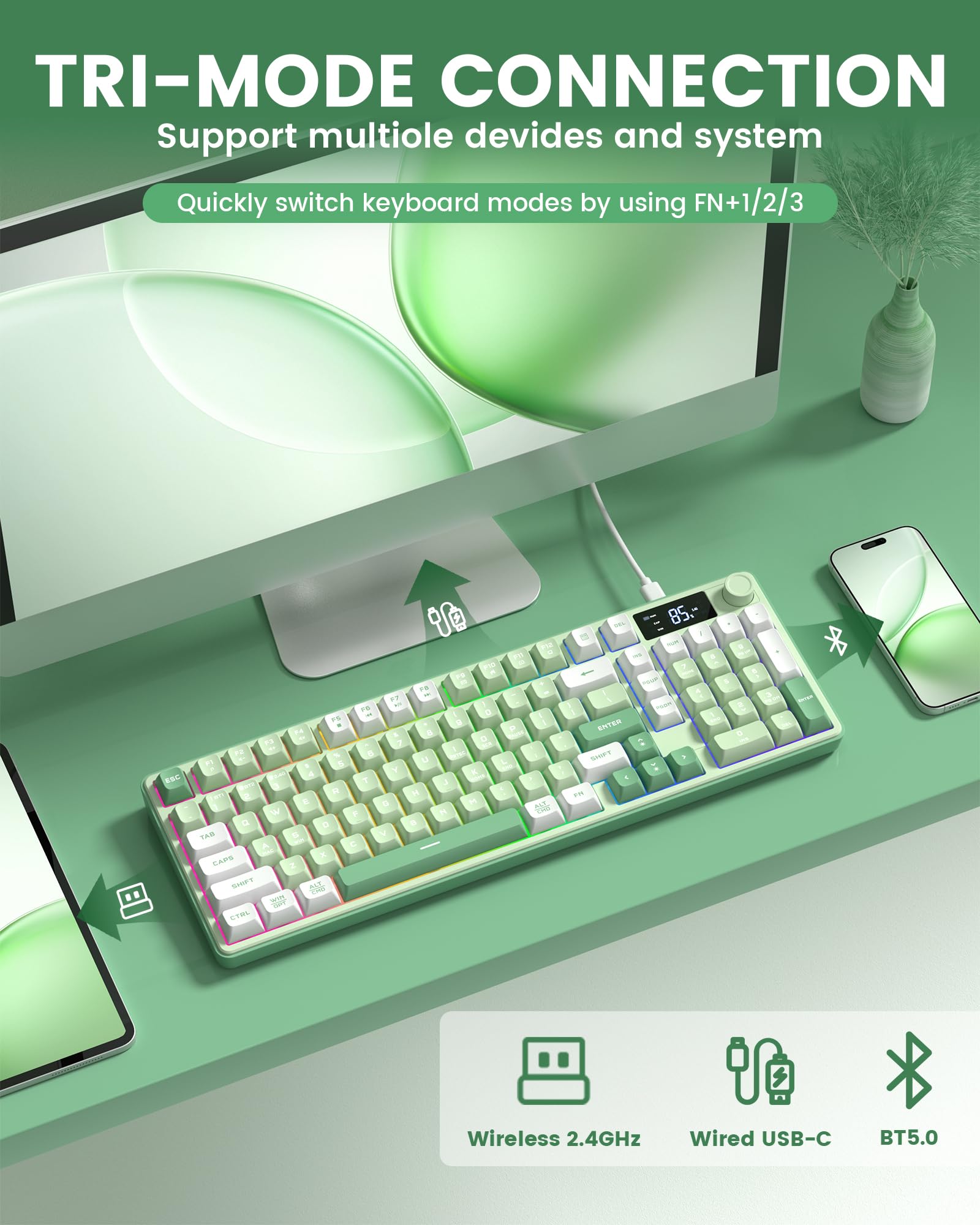 Keymatic Gaming Keyboard Wireless Creamy Keyboard with Media Knob & Screen Cute Keyboard Mechanical Feeling Membrane Keyboard with Number Pad RGB Backlit Tri-Mode BT/2.4GHz/USB-C - Green — view 3