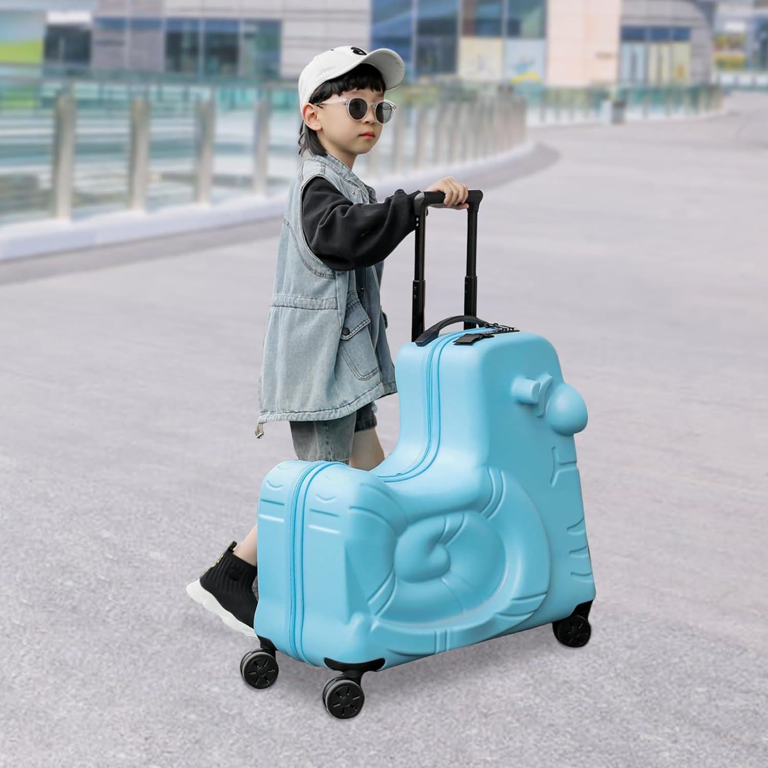 DNYSYSJ Children's Ride On Luggage, 20" Kid's Trolley Suitcase with Universal Wheels and Password Lock, Carry On Luggage Rolling Luggage, Aged 1-6 Years, ABS+PC (Blue, Snail Pattern)