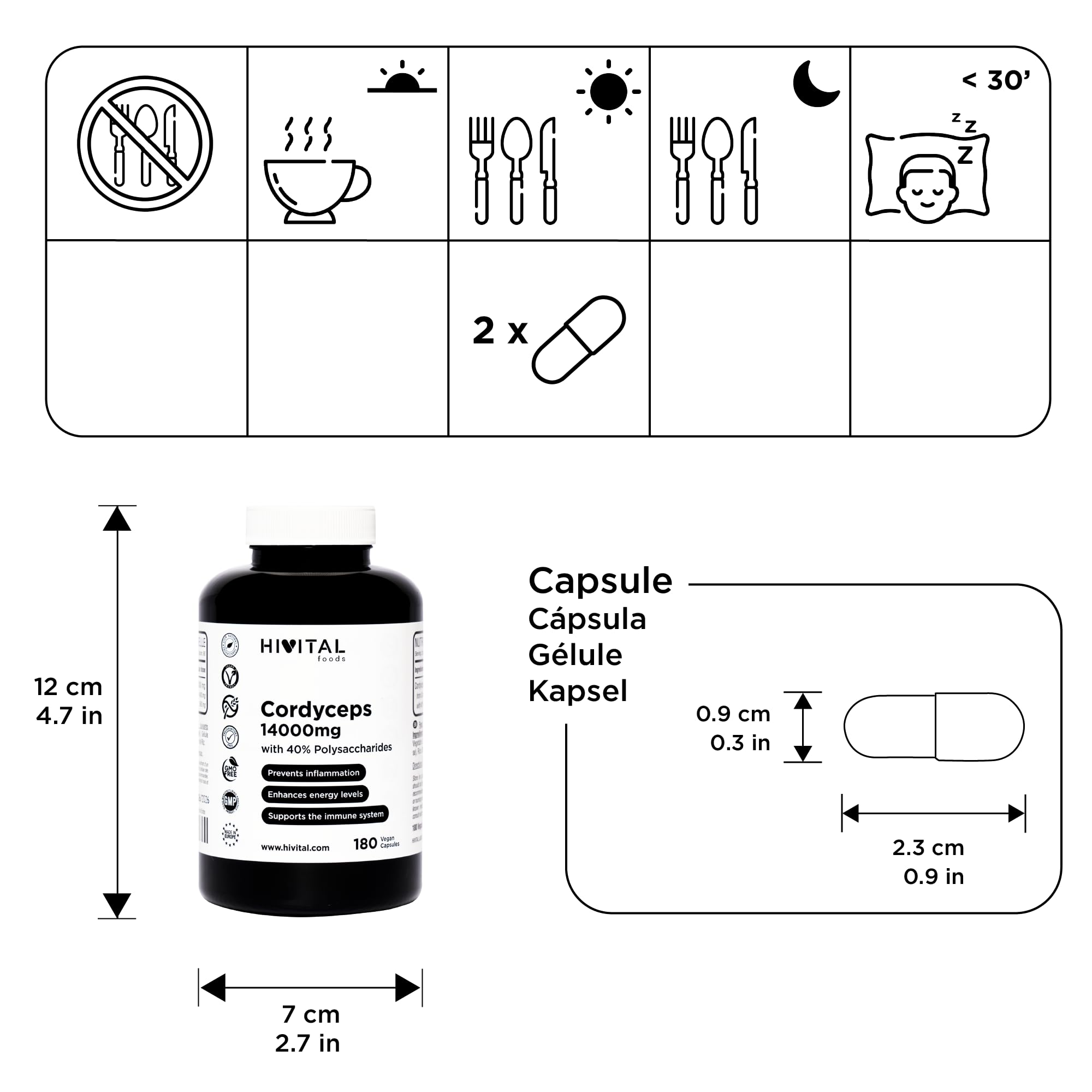 Cordyceps 14000 mg. 180 capsule vegane per 3 mesi di trattamento. Cordyceps Sinensis CS-4 con 40% di Polisaccaridi. Estratto Naturale di fungo. Prodotto in Europa da HIVITAL