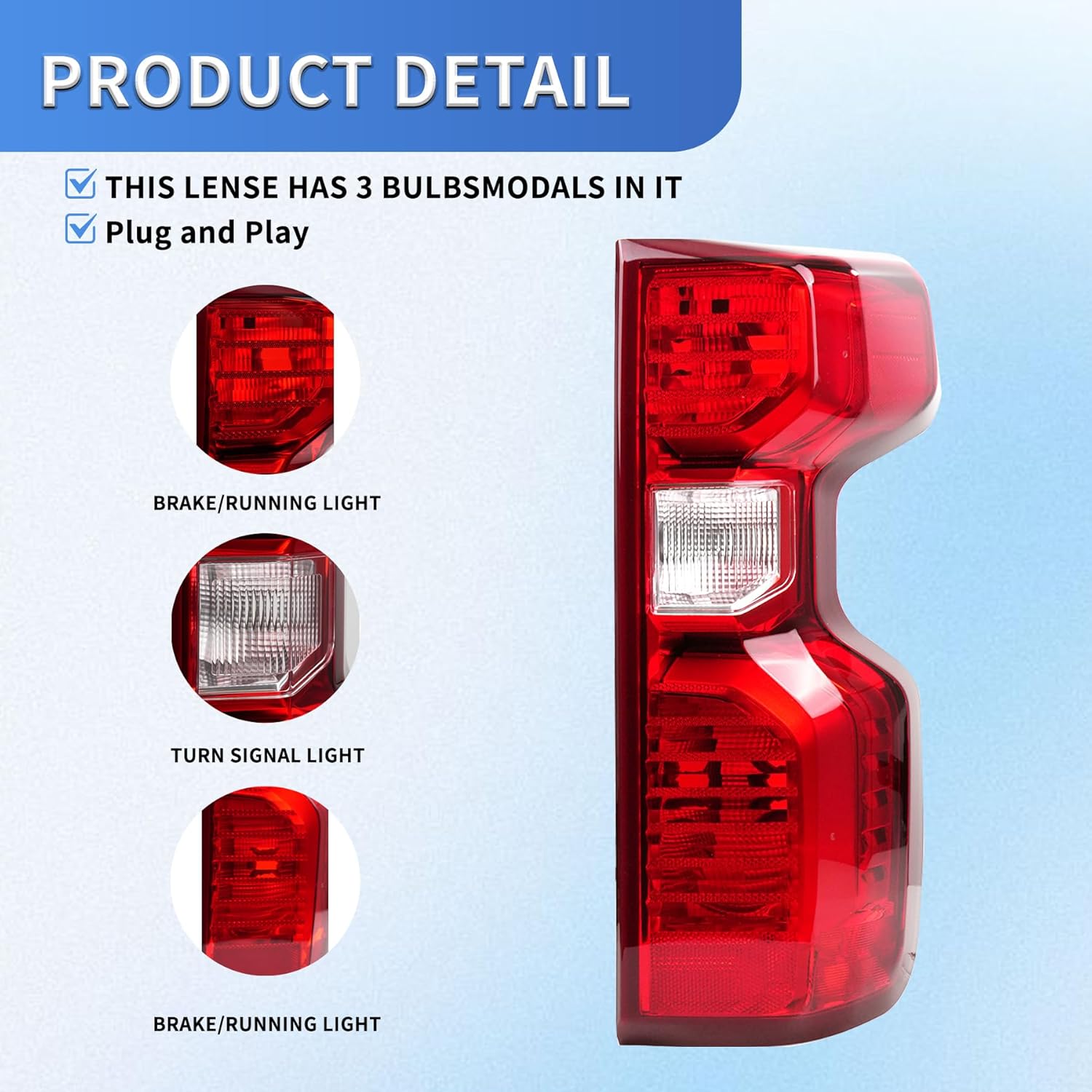Passenger Side Tail Light Without Circuit Fit 2019 2020 2021 2022 2023 2024 Chevy Silverado 1500 2500HD 3500HD, Right Rear Brake Lamp, w/o Bulbs Harness