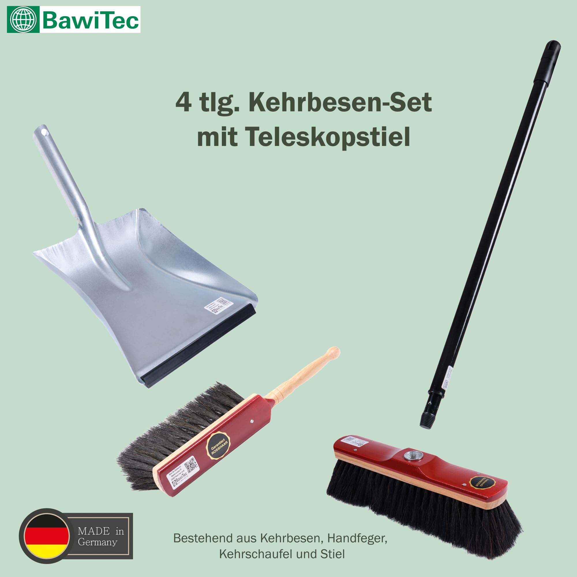 Hochwertiges Rosshaar Besen Set Handfeger Kehrschaufel Teleskopstiel Stiel | Besen 30cm, Handfeger 28cm, Holz-lackiert, Teleskopstiel verstellbar, Metall-Kehrschaufel verzinkt mit Lippe