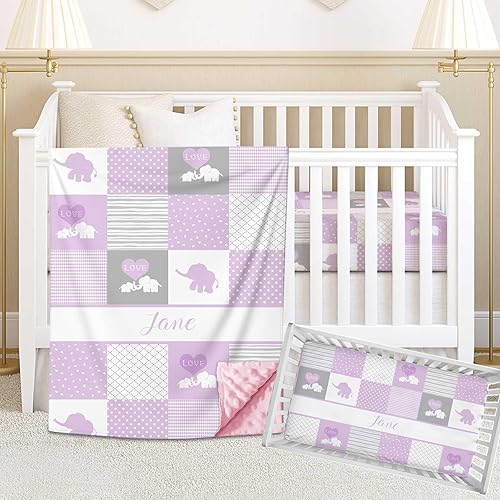 Juego de ropa de cama de bebé morado de elefante personalizado para niñas, edredón con nombre personalizado, juego de ropa de cama de 2 piezas con